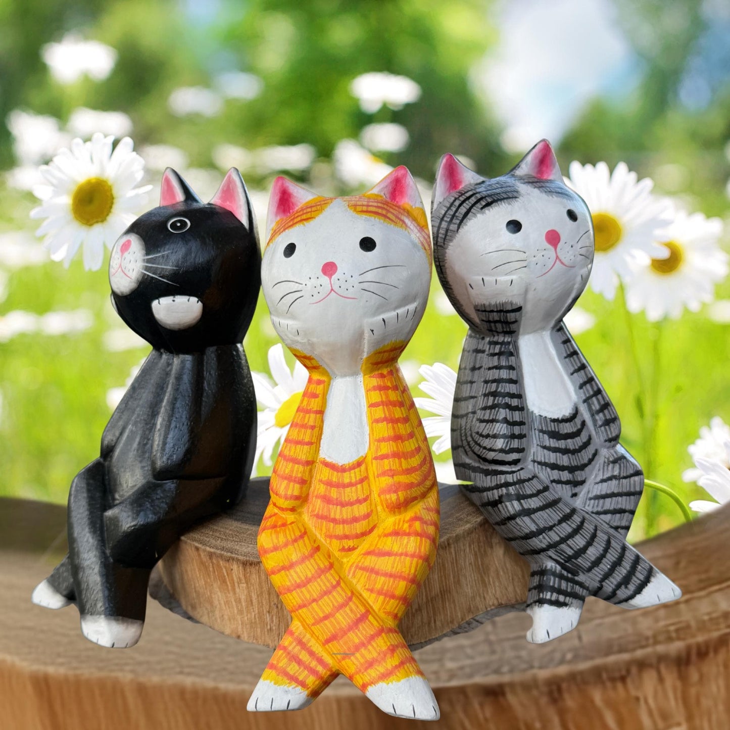 Surprised Cat Shelf Sitter Statue,  Hand Carved Wood & Colorfully Painted, Balinese Folk Art