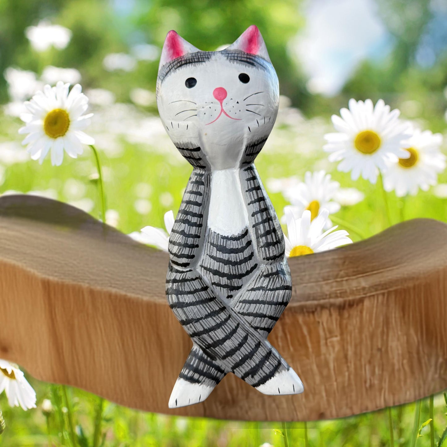 Surprised Cat Shelf Sitter Statue,  Hand Carved Wood & Colorfully Painted, Balinese Folk Art