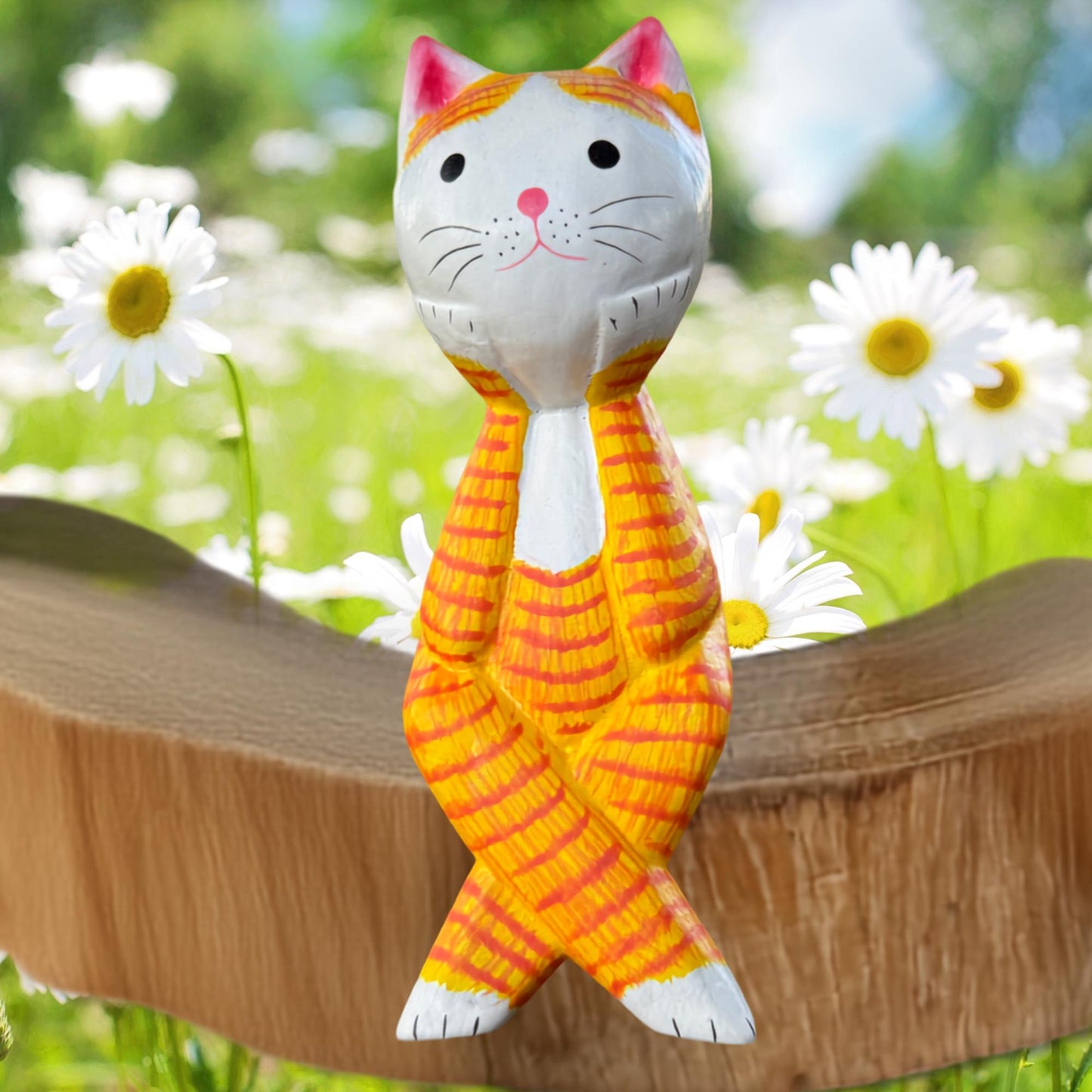 Surprised Cat Shelf Sitter Statue,  Hand Carved Wood & Colorfully Painted, Balinese Folk Art