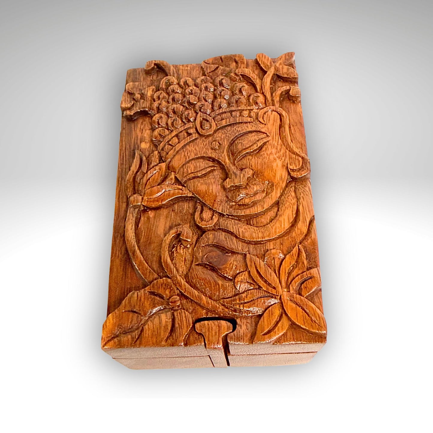 Carved Wood Buddha & Sacred Lotus Puzzle Box, Secret Stash Box
