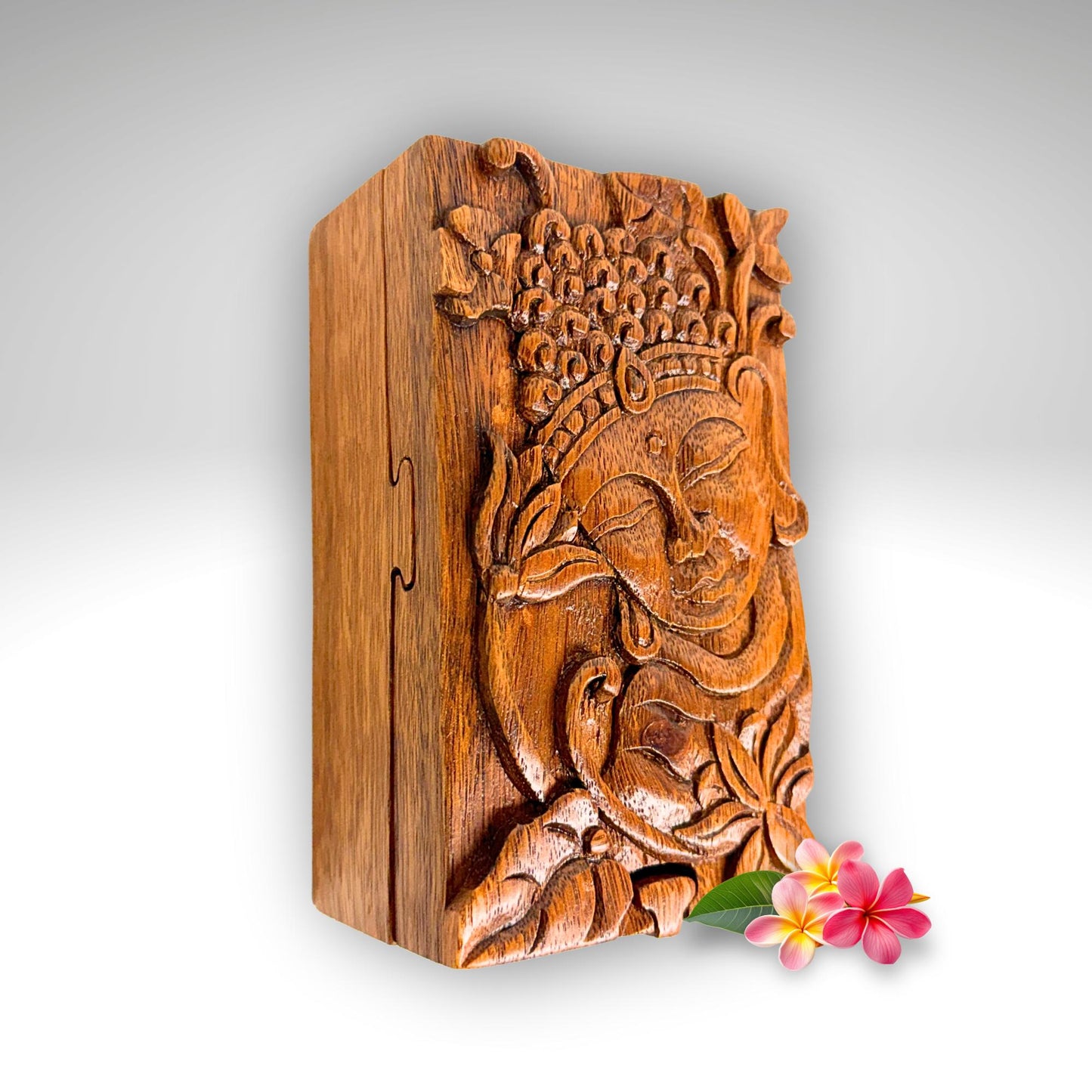 Carved Wood Buddha & Sacred Lotus Puzzle Box, Secret Stash Box