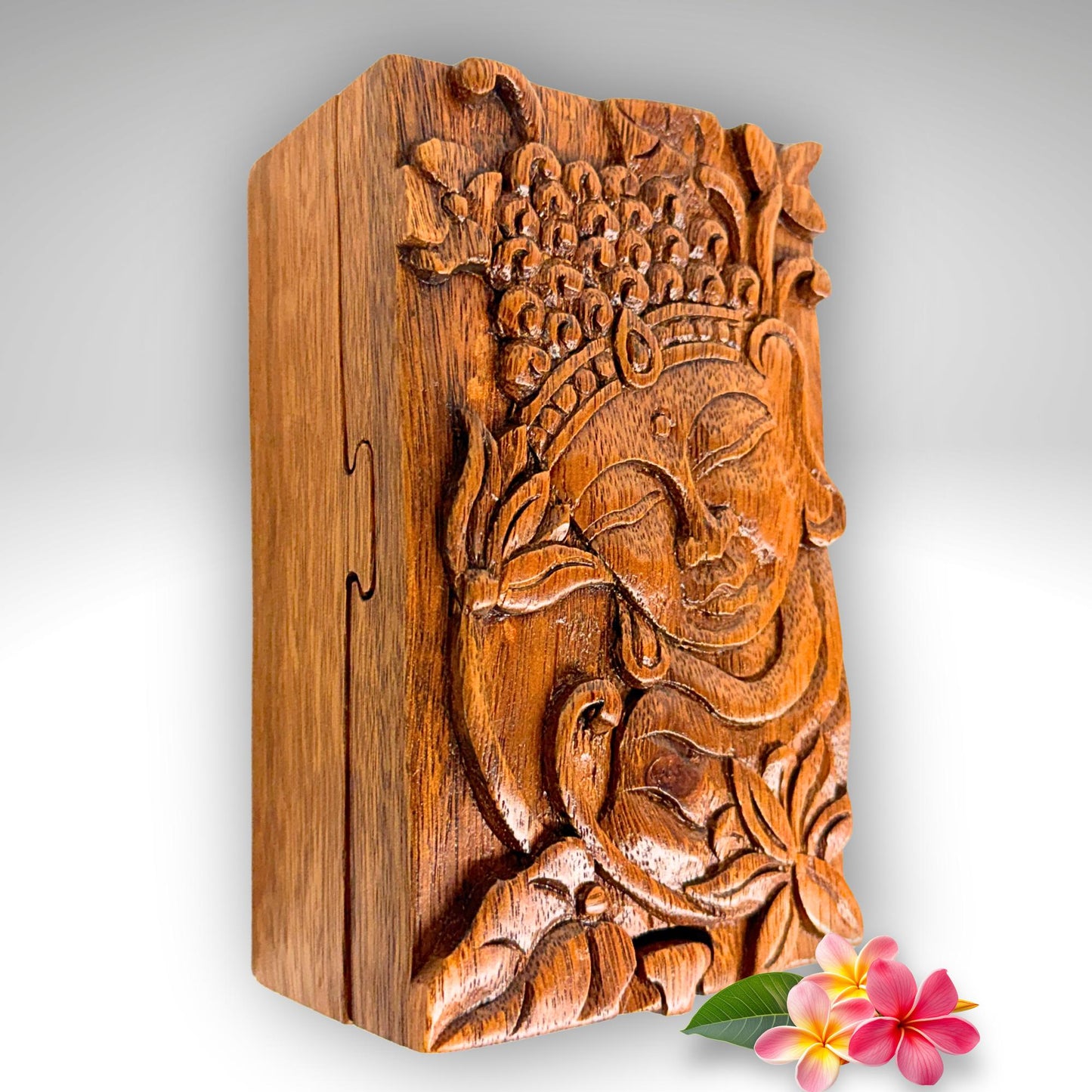 Carved Wood Buddha & Sacred Lotus Puzzle Box, Secret Stash Box