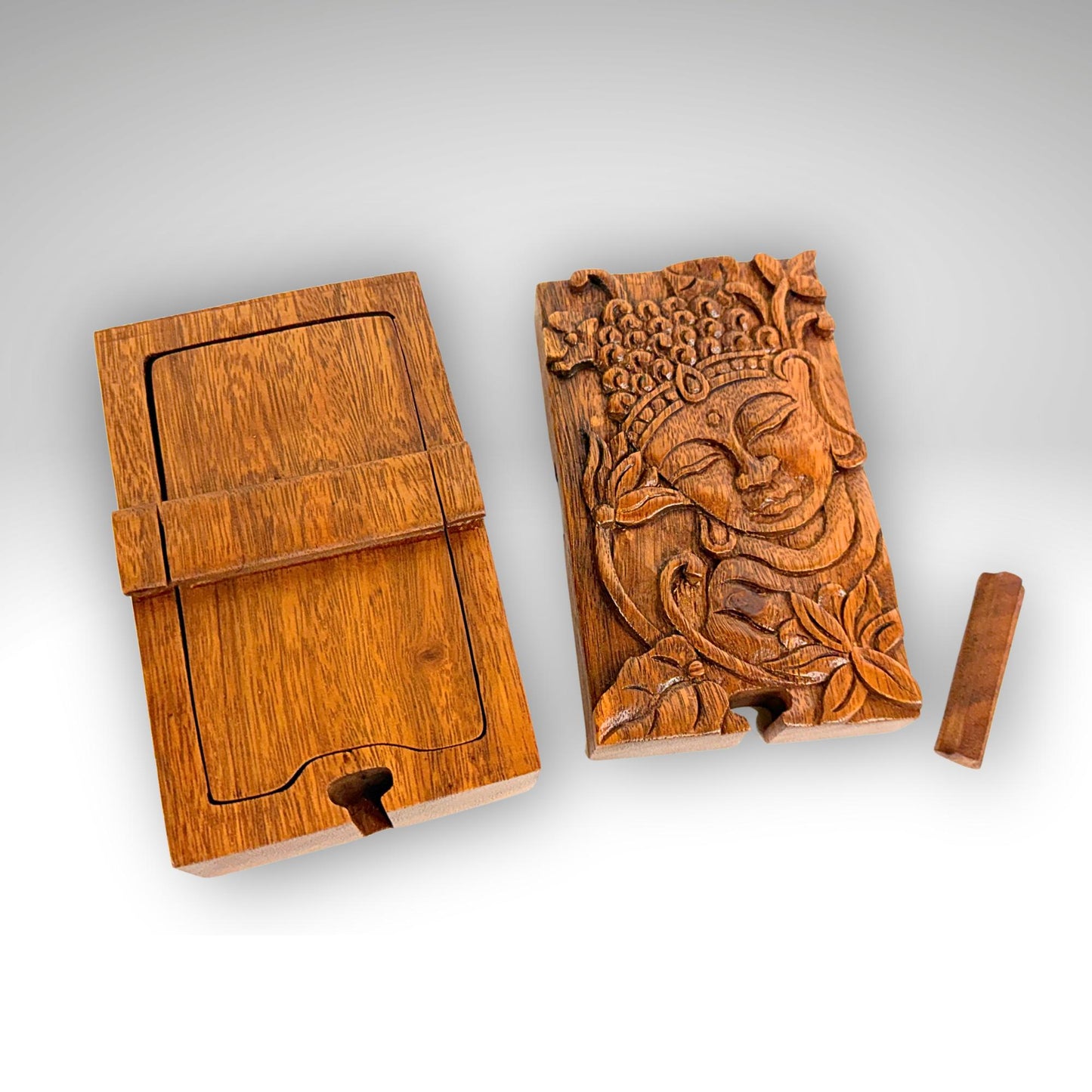 Carved Wood Buddha & Sacred Lotus Puzzle Box, Secret Stash Box