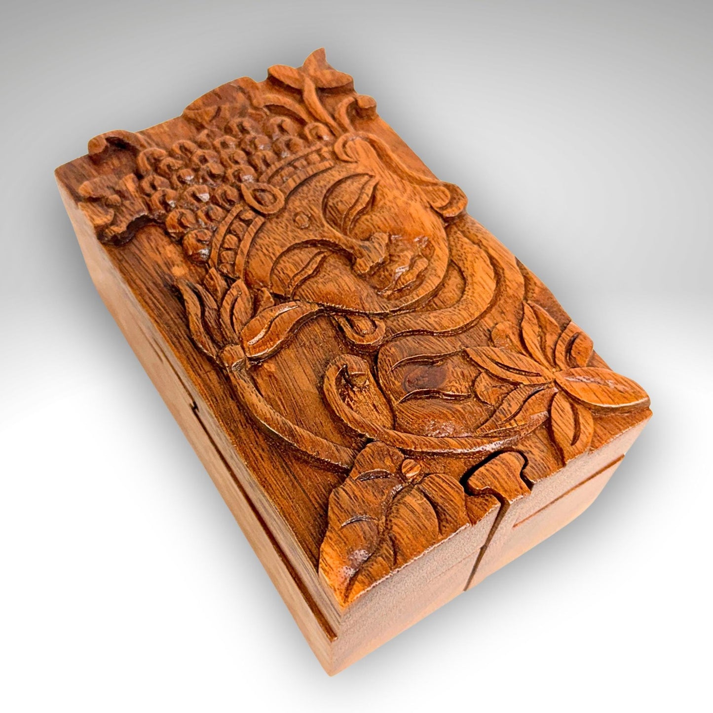 Carved Wood Buddha & Sacred Lotus Puzzle Box, Secret Stash Box