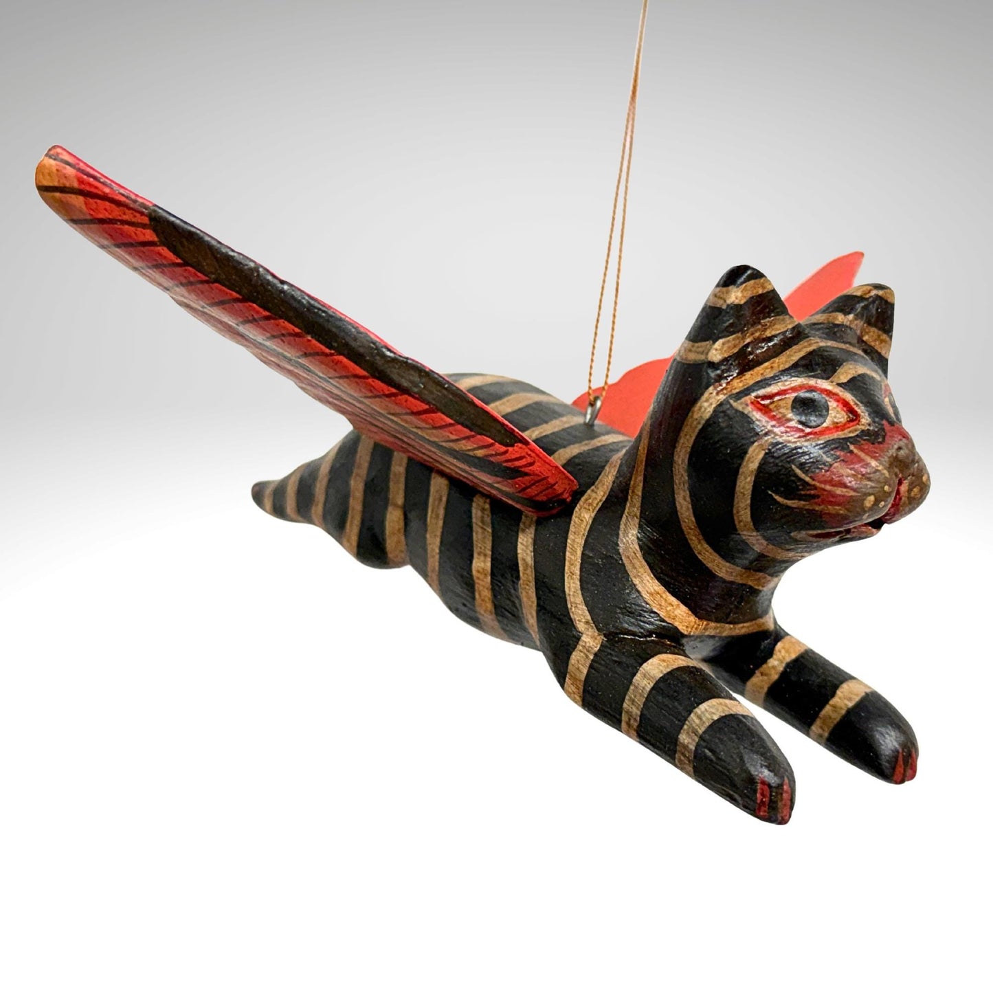 Flying Black Striped Tiger Cat Mobile, Carved Wood Balinese Demon Chaser Folk Art 6"
