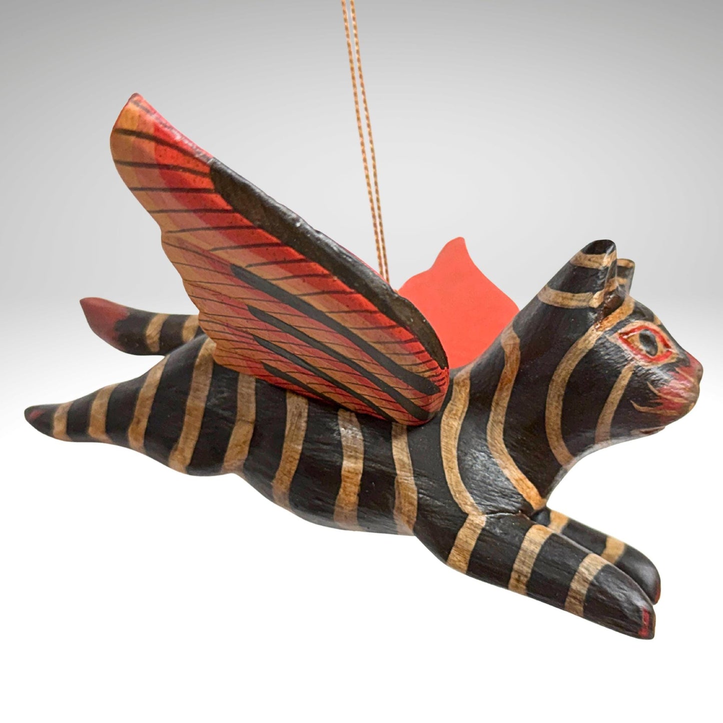 Flying Black Striped Tiger Cat Mobile, Carved Wood Balinese Demon Chaser Folk Art 6"