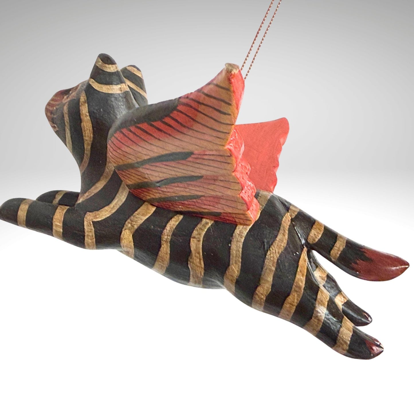 Flying Black Striped Tiger Cat Mobile, Carved Wood Balinese Demon Chaser Folk Art 6"
