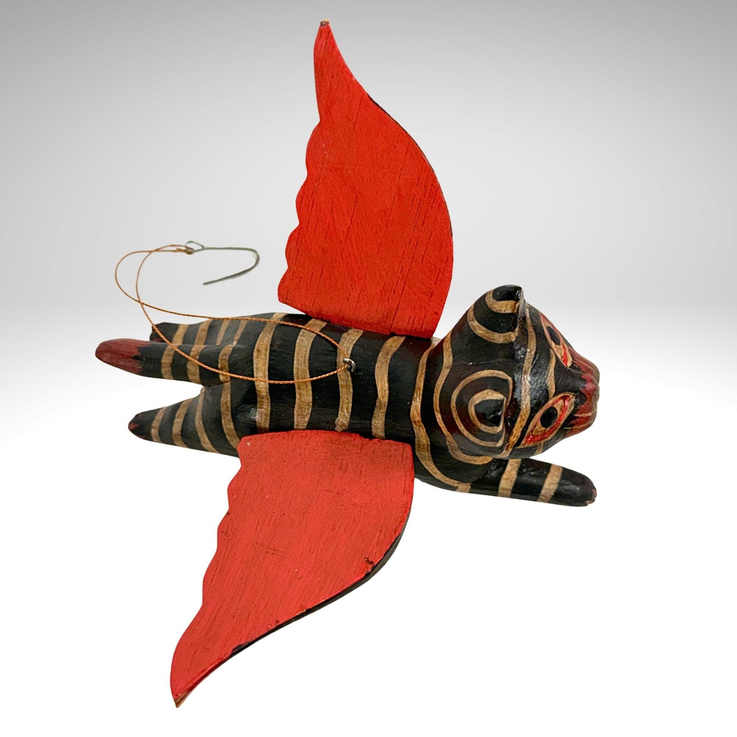 Flying Black Striped Tiger Cat Mobile, Carved Wood Balinese Demon Chaser Folk Art 6"