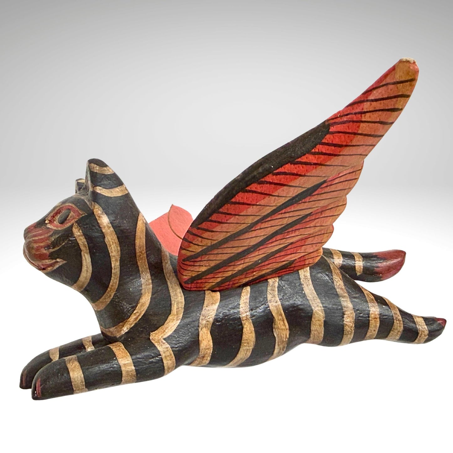 Flying Black Striped Tiger Cat Mobile, Carved Wood Balinese Demon Chaser Folk Art 6"