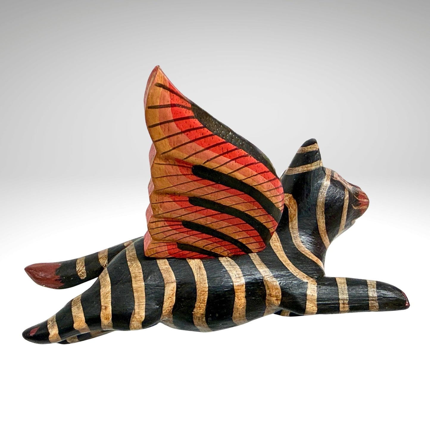 Flying Black Striped Tiger Cat Mobile, Carved Wood Balinese Demon Chaser Folk Art 6"