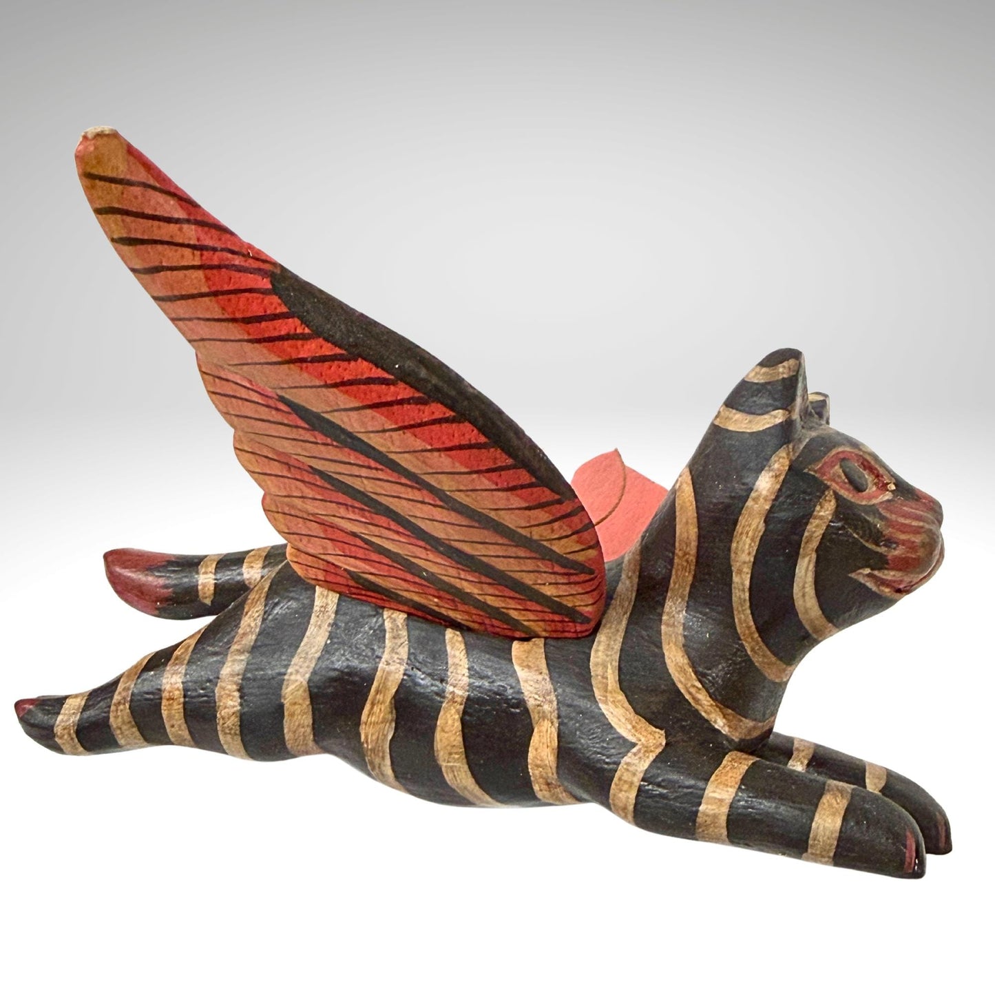 Flying Black Striped Tiger Cat Mobile, Carved Wood Balinese Demon Chaser Folk Art 6"