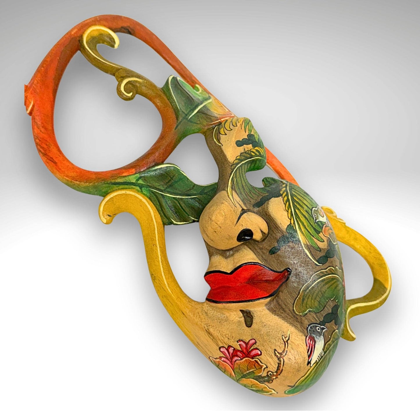 Carved Abstract Balinese Goddess Mask: Hand Painted Batuan Style Wood Carving