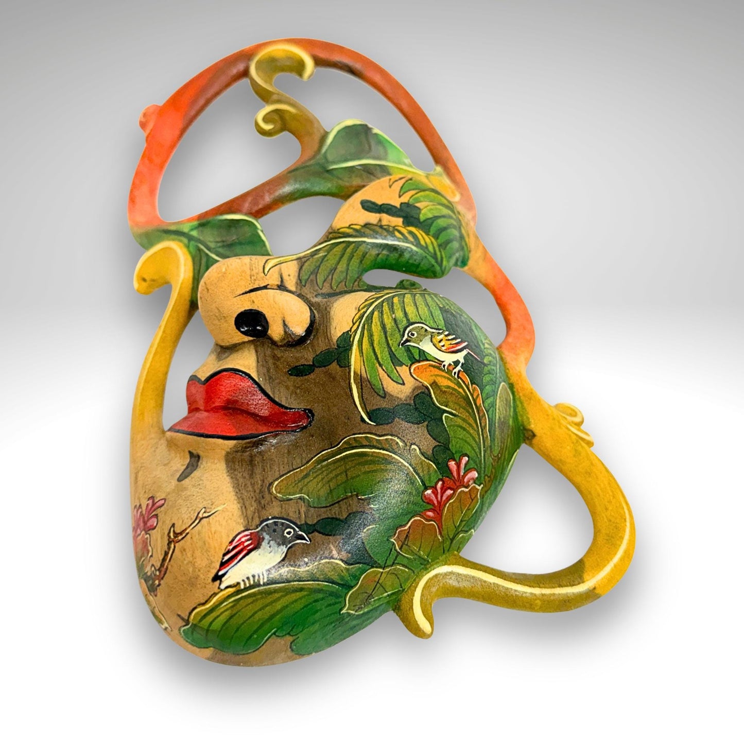 Carved Abstract Balinese Goddess Mask: Hand Painted Batuan Style Wood Carving