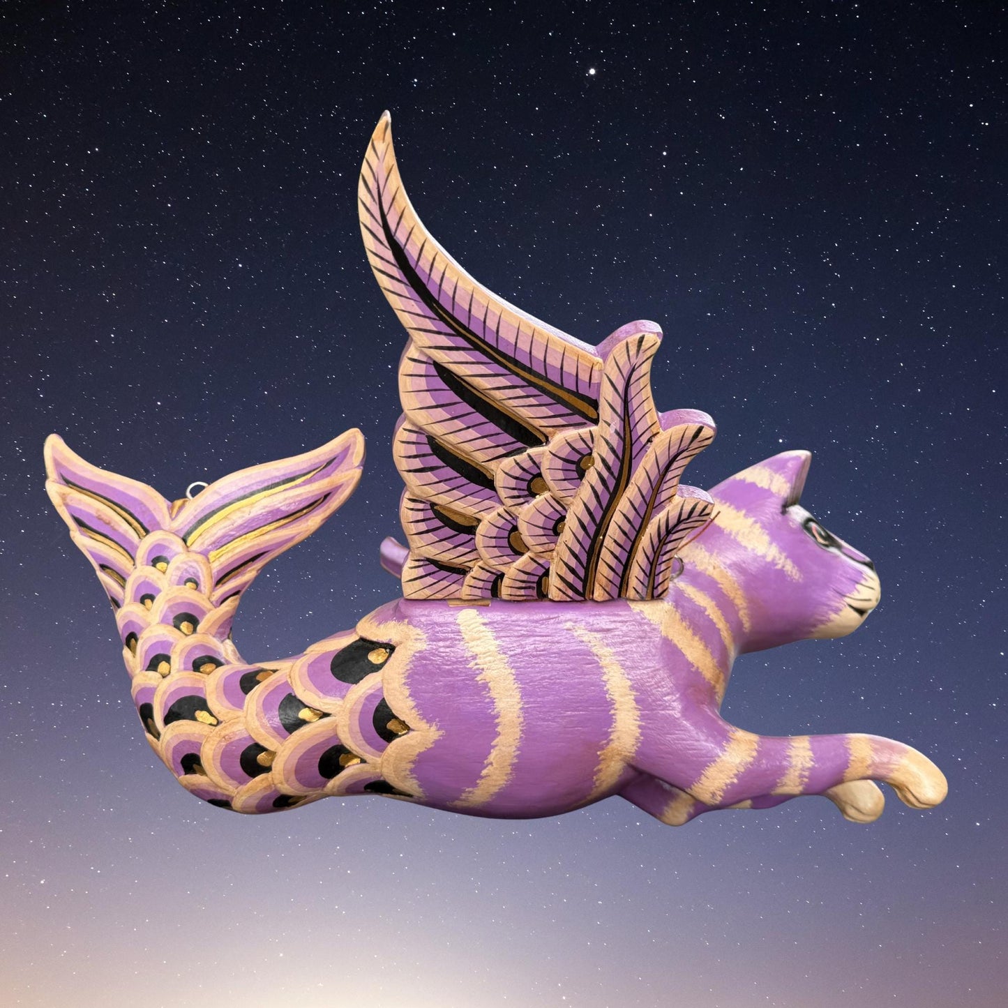 Hand Carved Winged Mermaid Cat Mobile: Balinese Mercat Spirit Guardian