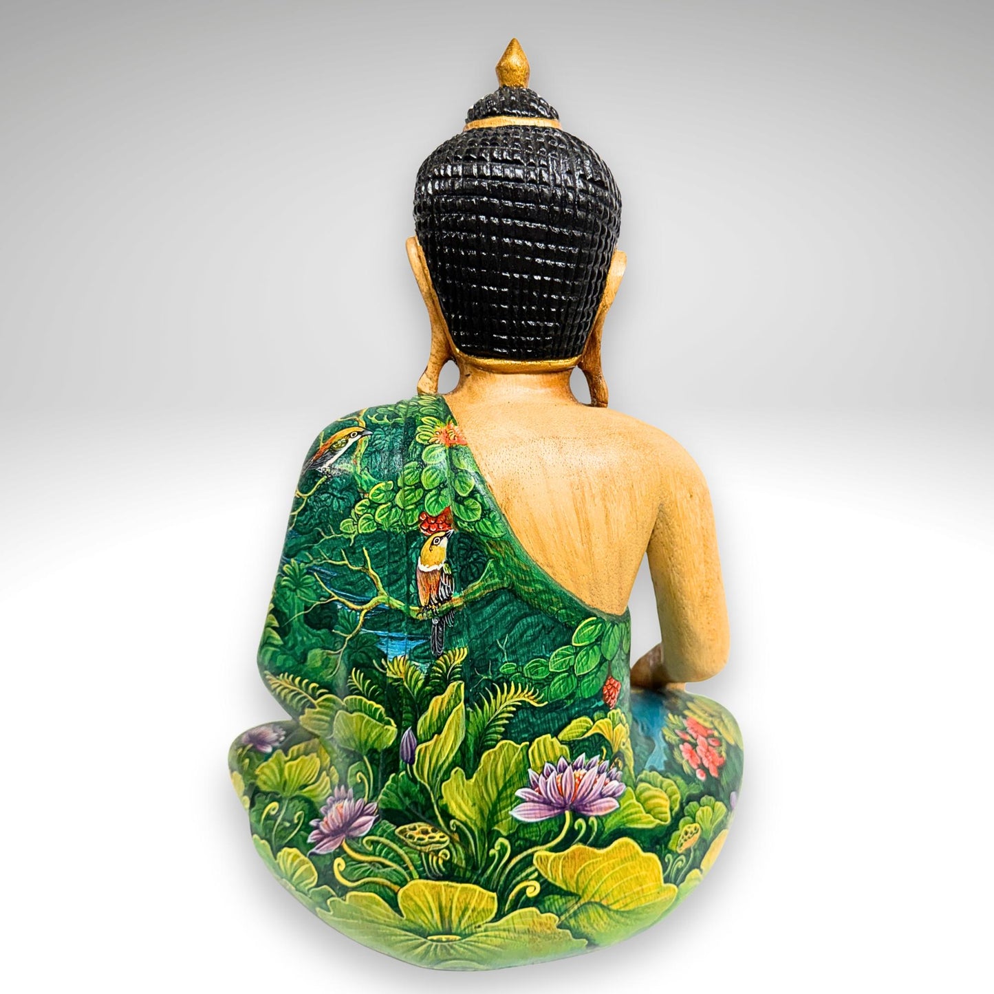 Hand Carved Wood Meditating Buddha Sculpture: Lotus Pose Bhumisparsha Mudra, Balinese Folk Art