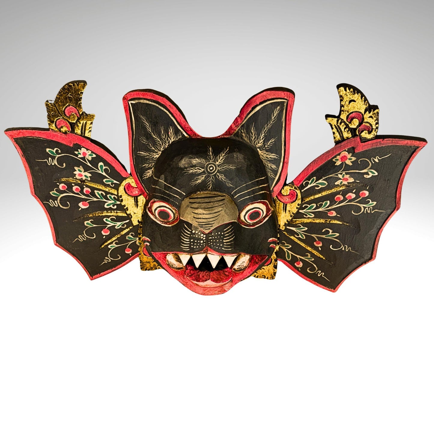 Balinese Winged Bat Mask Hand-Carved Bali Folk Art Wood Carving | Gothic Wall Decor