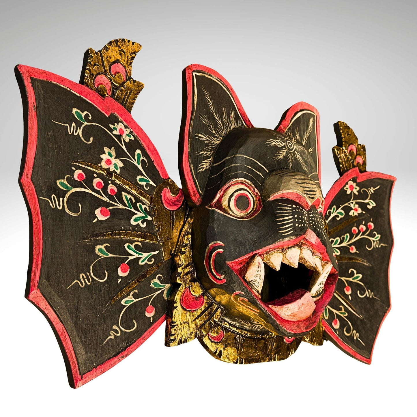 Balinese Winged Bat Mask Hand-Carved Bali Folk Art Wood Carving | Gothic Wall Decor