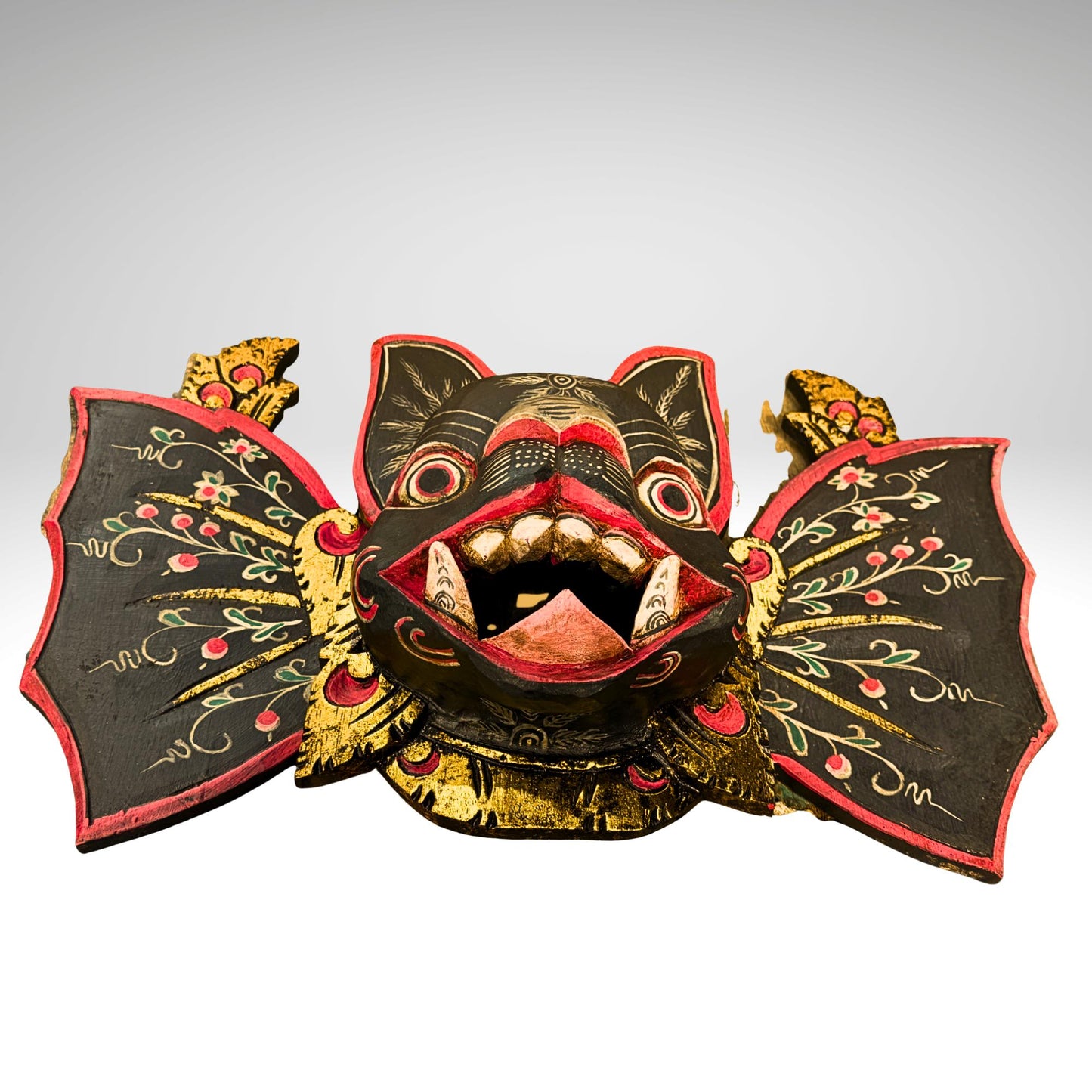 Balinese Winged Bat Mask Hand-Carved Bali Folk Art Wood Carving | Gothic Wall Decor