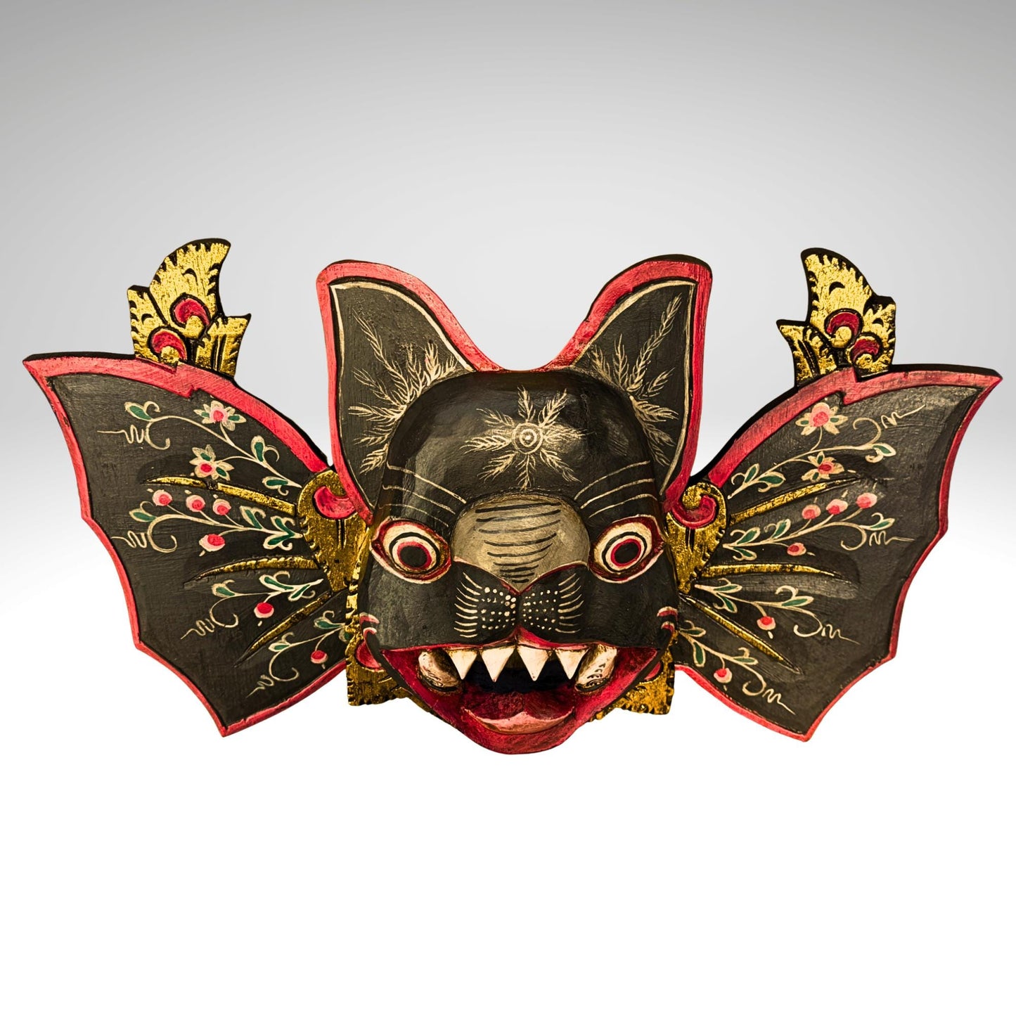 Balinese Winged Bat Mask Hand-Carved Bali Folk Art Wood Carving | Gothic Wall Decor