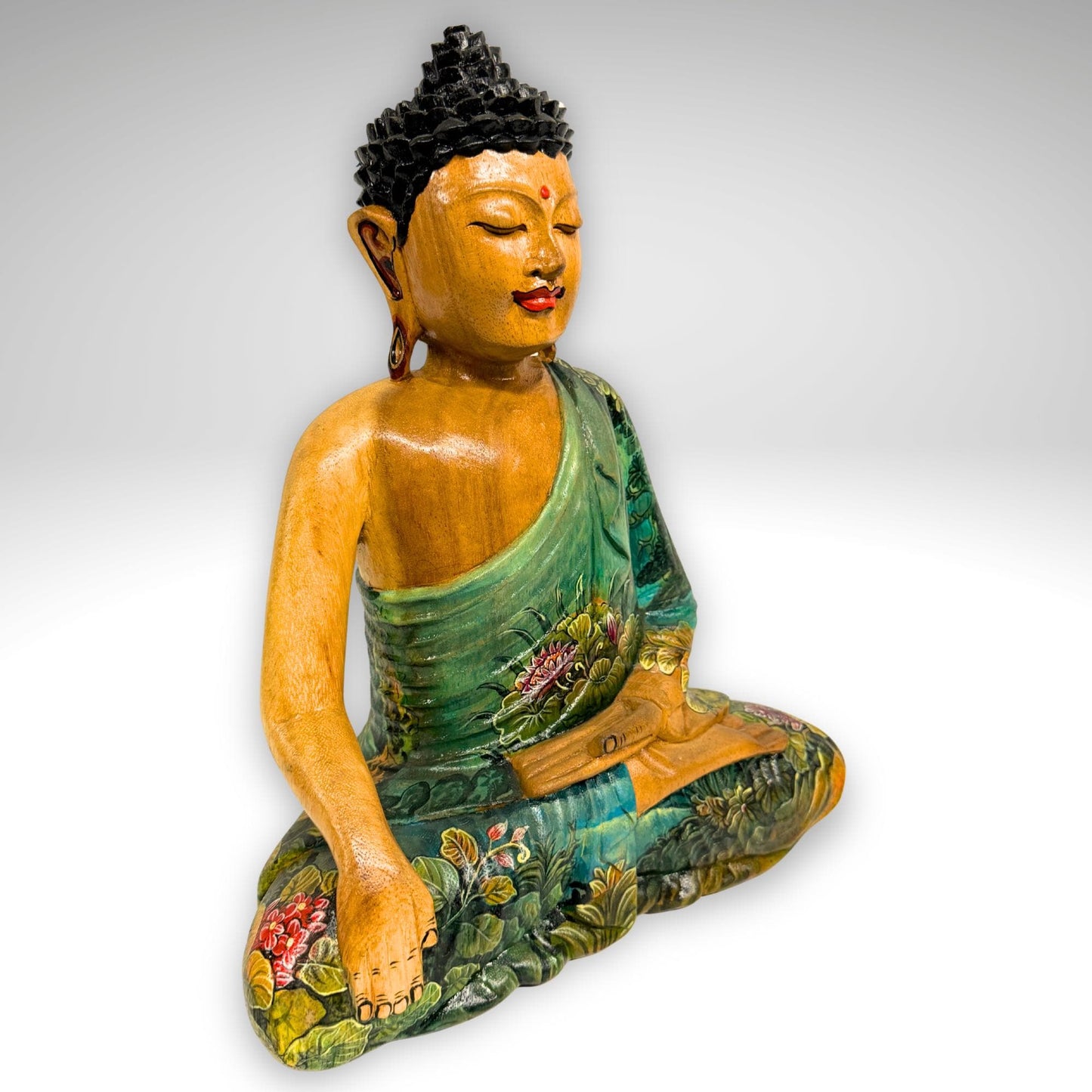 Hand Carved Meditating Buddha Wood Sculpture: Painted Bhumisparsha Mudra, Balinese Folk Art