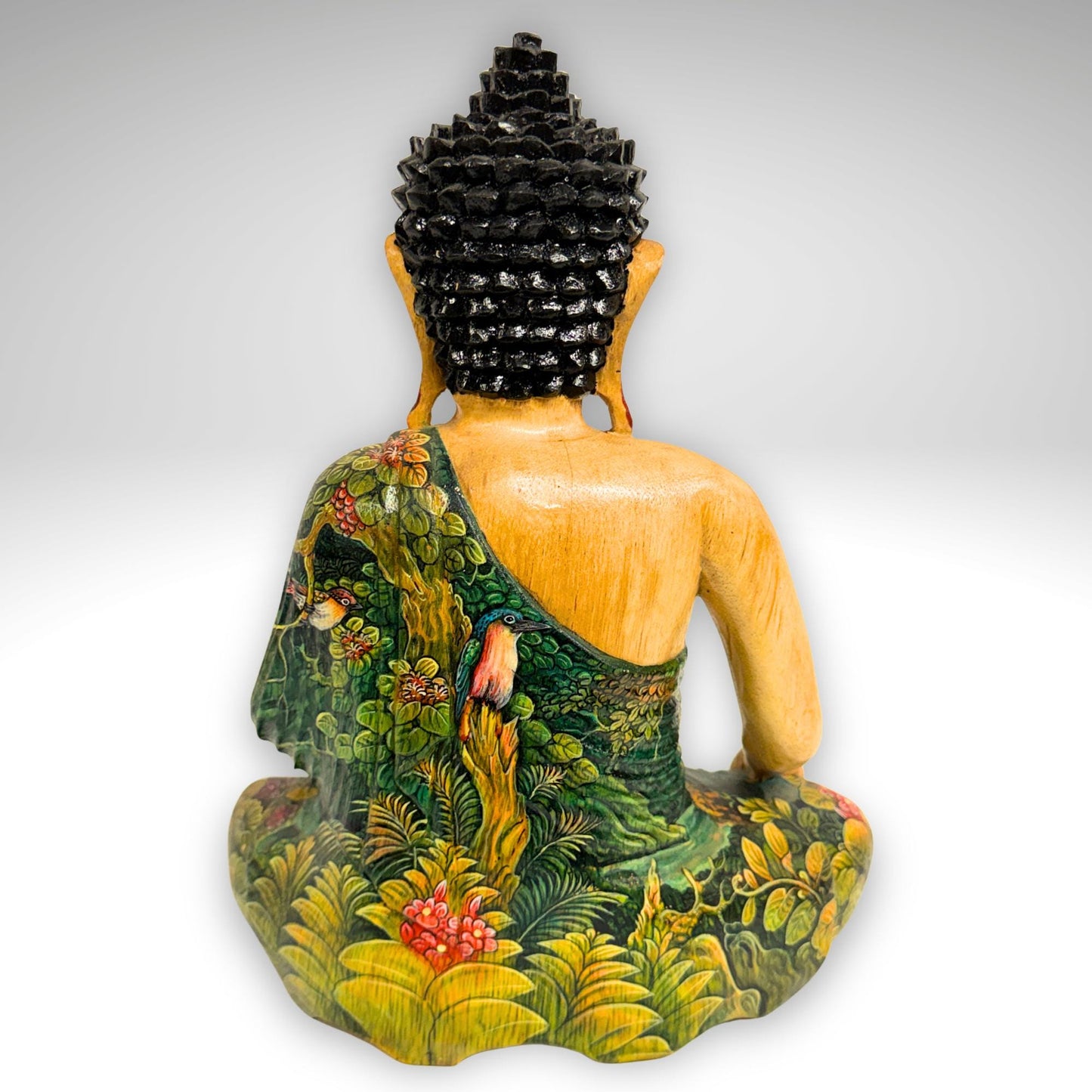 Hand Carved Meditating Buddha Wood Sculpture: Painted Bhumisparsha Mudra, Balinese Folk Art