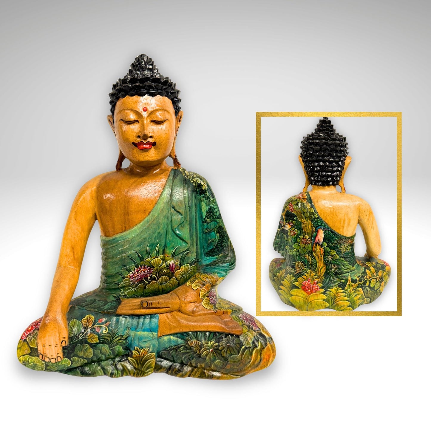 Hand Carved Meditating Buddha Wood Sculpture: Painted Bhumisparsha Mudra, Balinese Folk Art