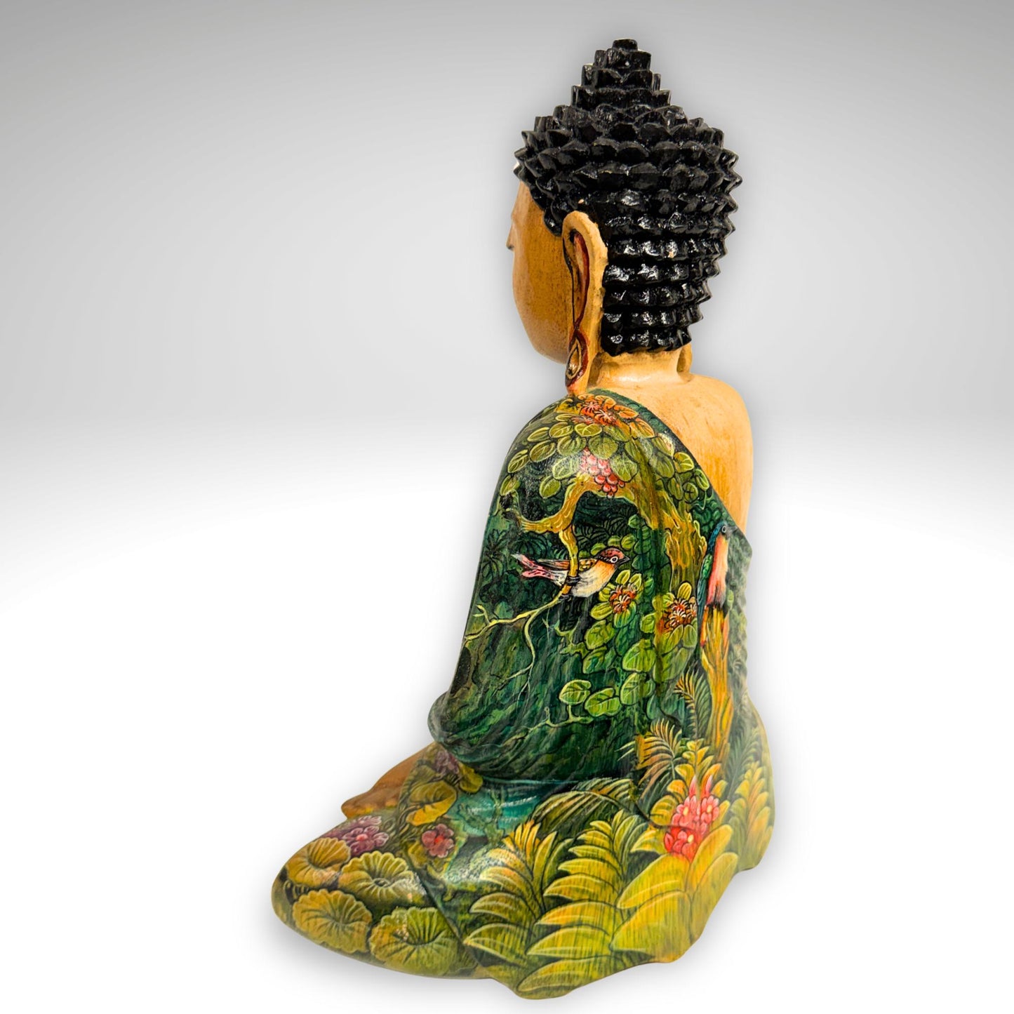 Hand Carved Meditating Buddha Wood Sculpture: Painted Bhumisparsha Mudra, Balinese Folk Art