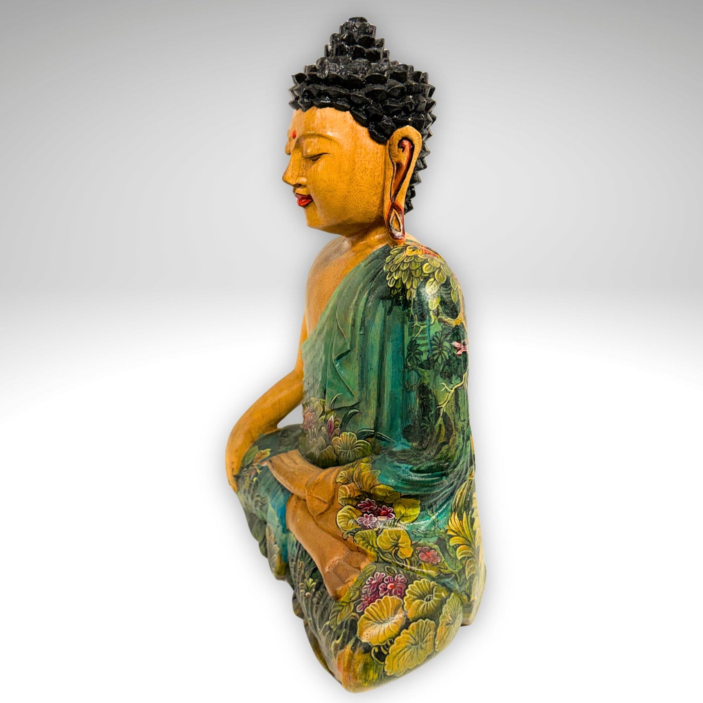 Hand Carved Meditating Buddha Wood Sculpture: Painted Bhumisparsha Mudra, Balinese Folk Art