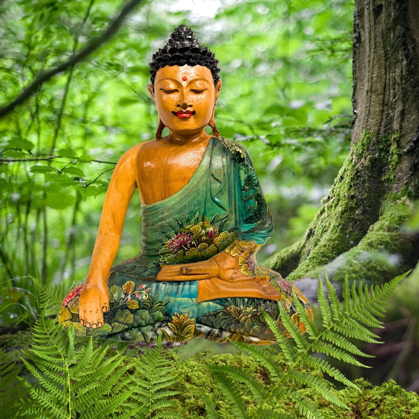Hand Carved Meditating Buddha Wood Sculpture: Painted Bhumisparsha Mudra, Balinese Folk Art