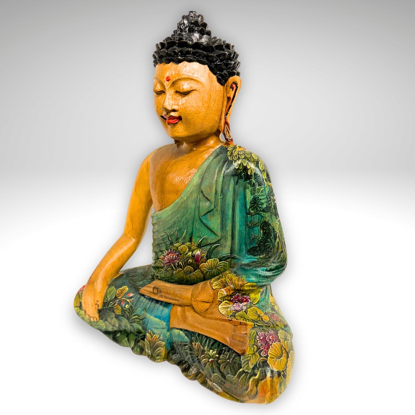 Hand Carved Meditating Buddha Wood Sculpture: Painted Bhumisparsha Mudra, Balinese Folk Art
