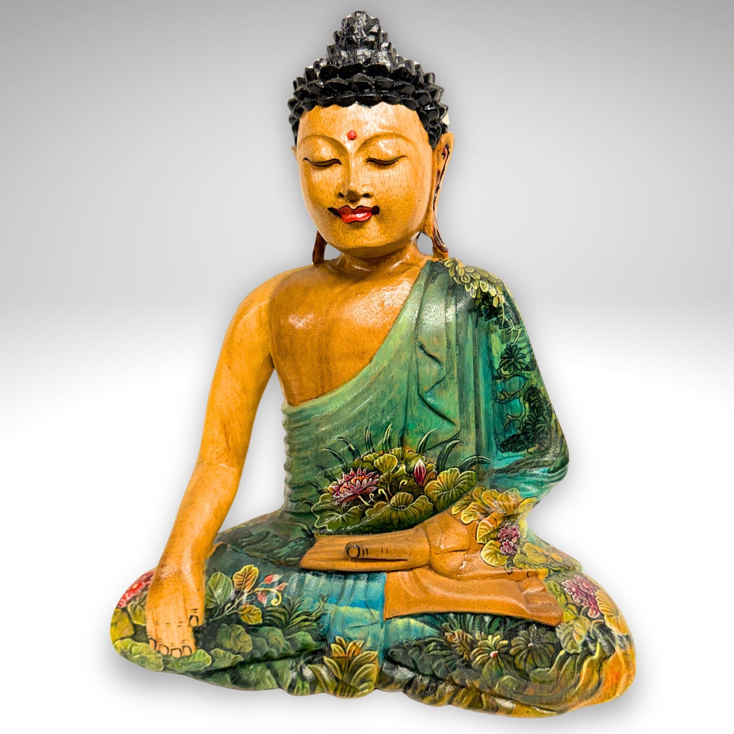 Hand Carved Meditating Buddha Wood Sculpture: Painted Bhumisparsha Mudra, Balinese Folk Art