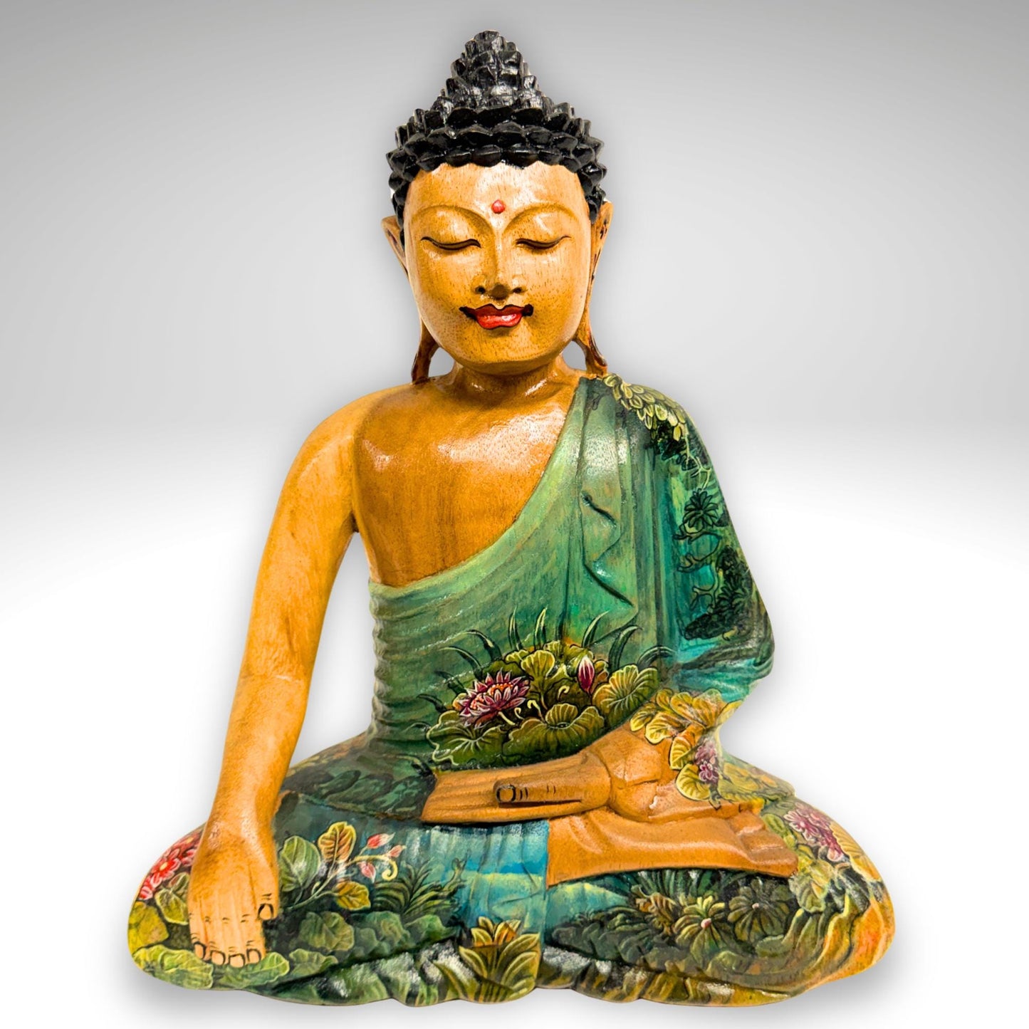 Hand Carved Meditating Buddha Wood Sculpture: Painted Bhumisparsha Mudra, Balinese Folk Art