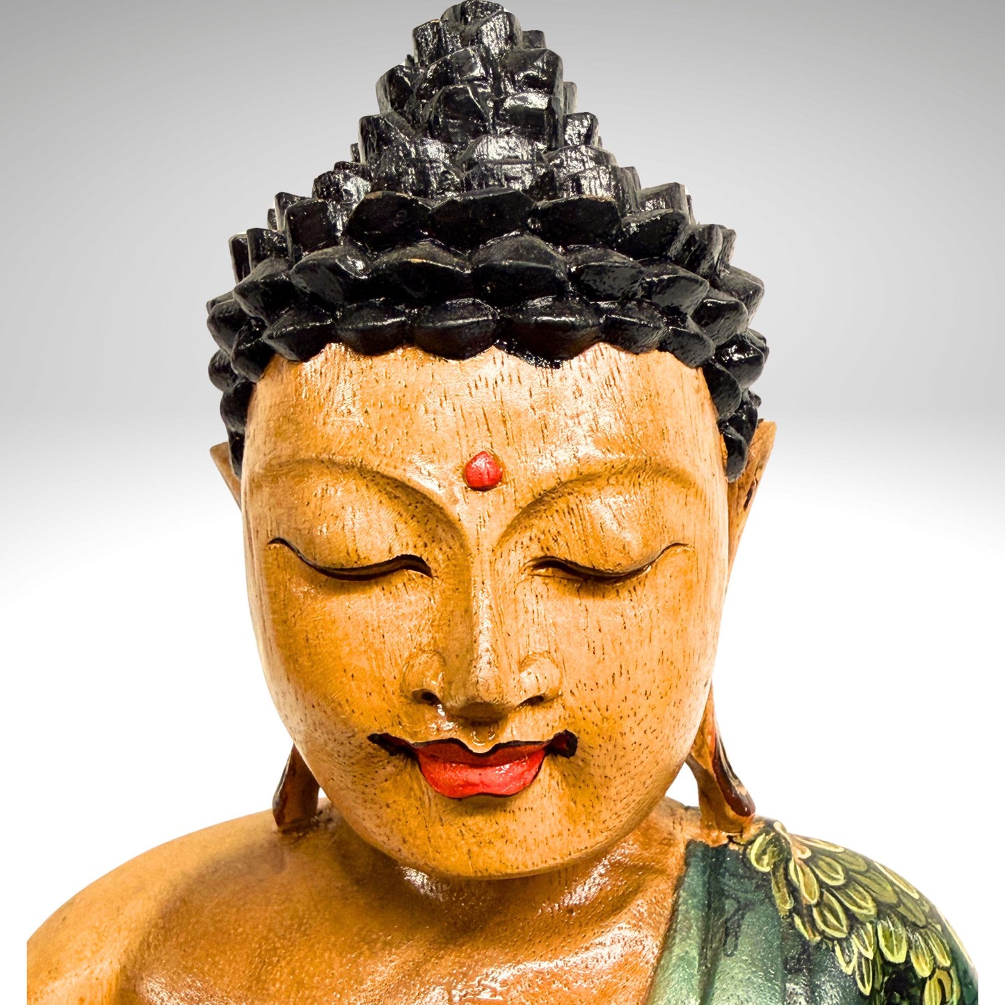 Hand Carved Meditating Buddha Wood Sculpture: Painted Bhumisparsha Mudra, Balinese Folk Art
