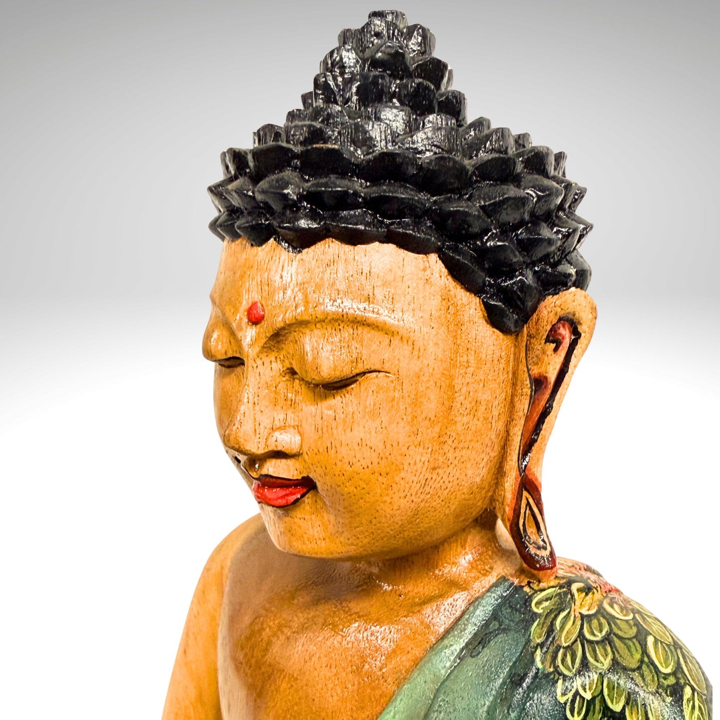 Hand Carved Meditating Buddha Wood Sculpture: Painted Bhumisparsha Mudra, Balinese Folk Art
