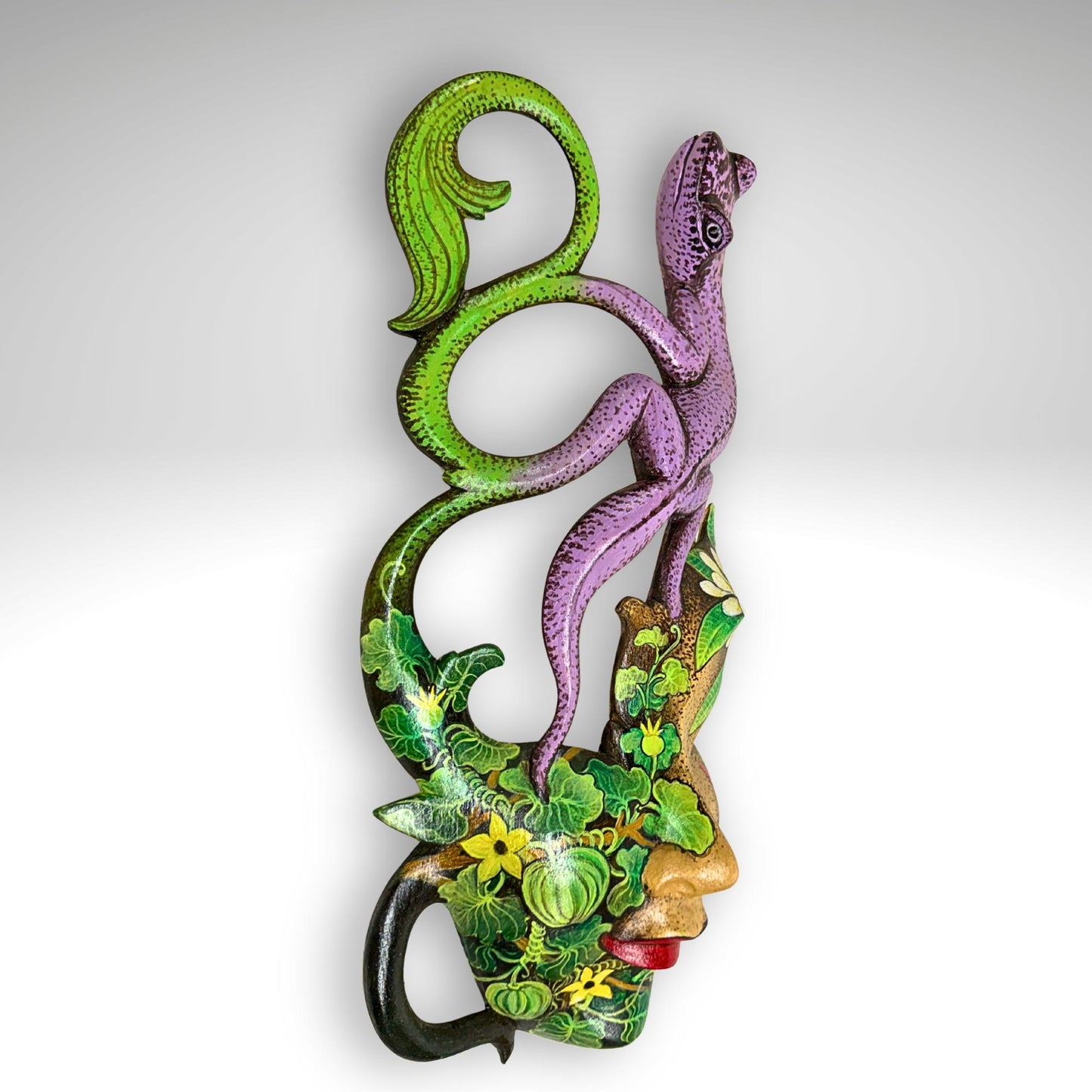 Balinese Carved Mask, Purple Gecko Goddess, Hand Painted Wood Carving Bali Wall Decor Art