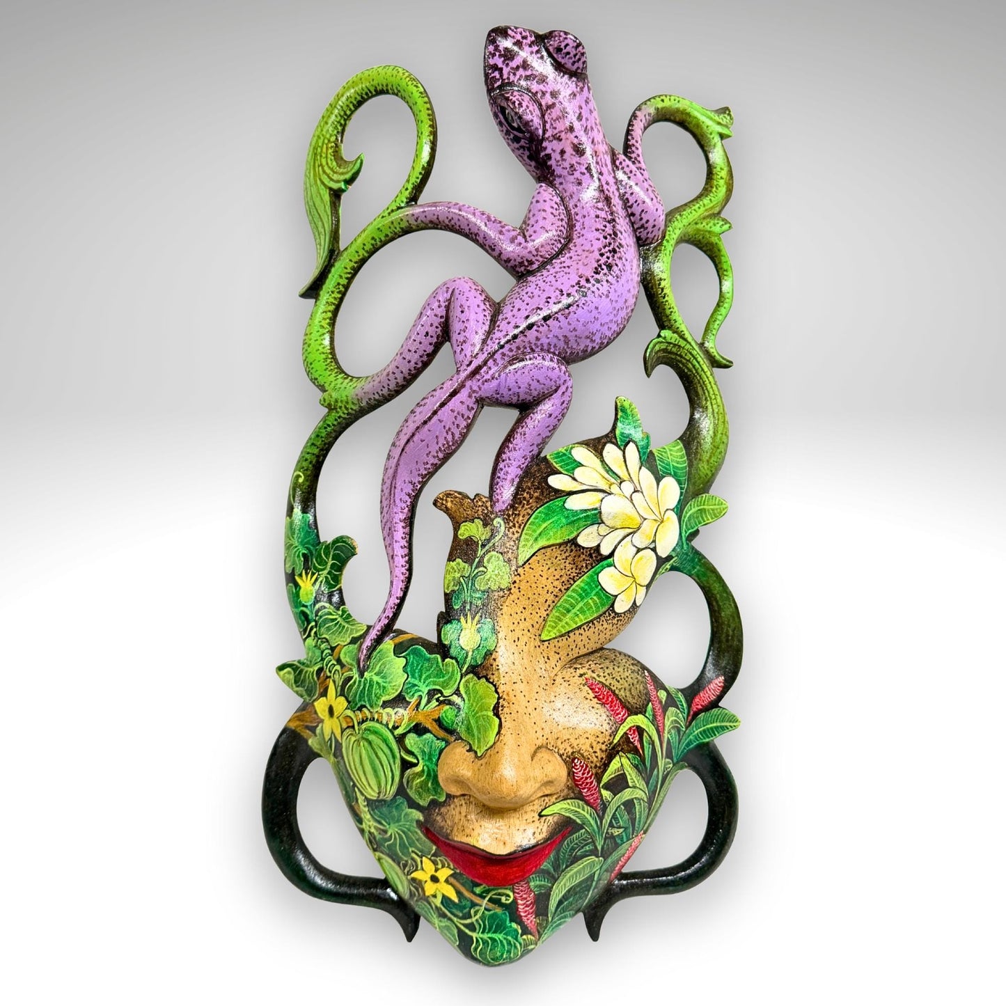 Balinese Carved Mask, Purple Gecko Goddess, Hand Painted Wood Carving Bali Wall Decor Art