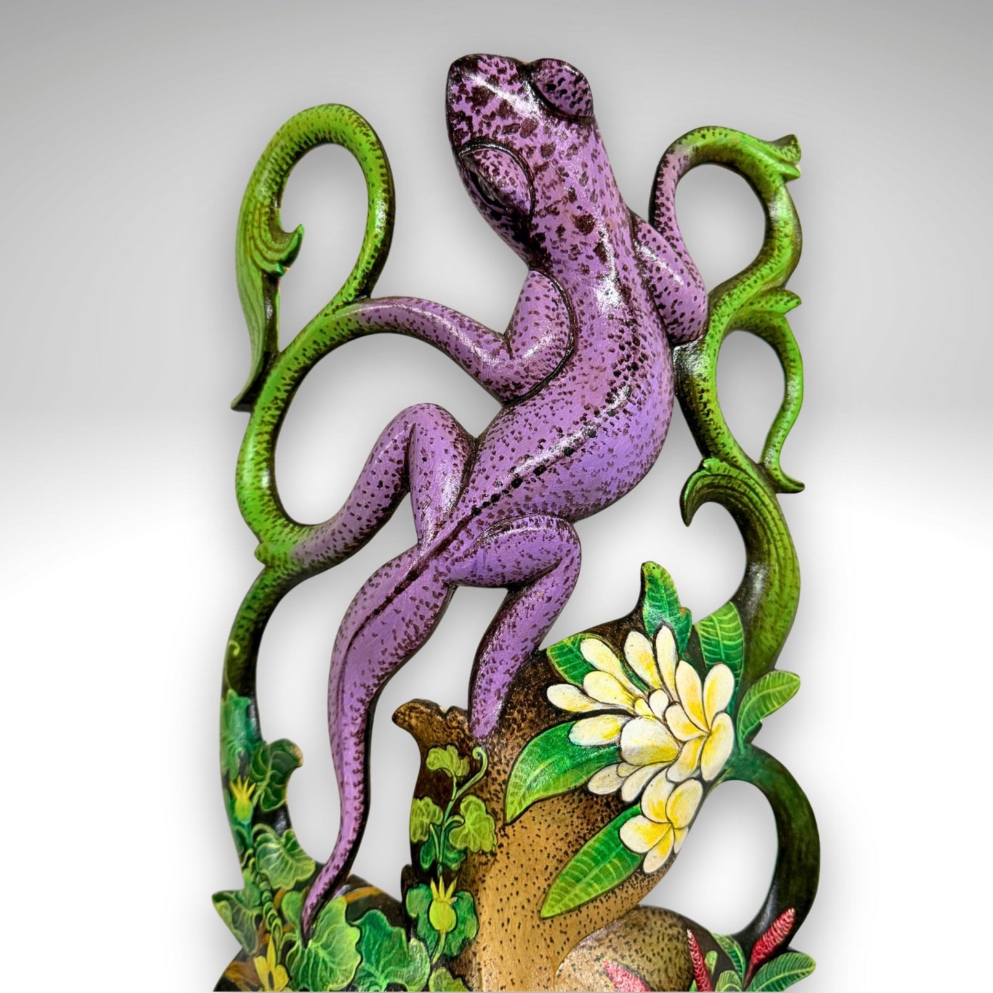 Balinese Carved Mask, Purple Gecko Goddess, Hand Painted Wood Carving Bali Wall Decor Art