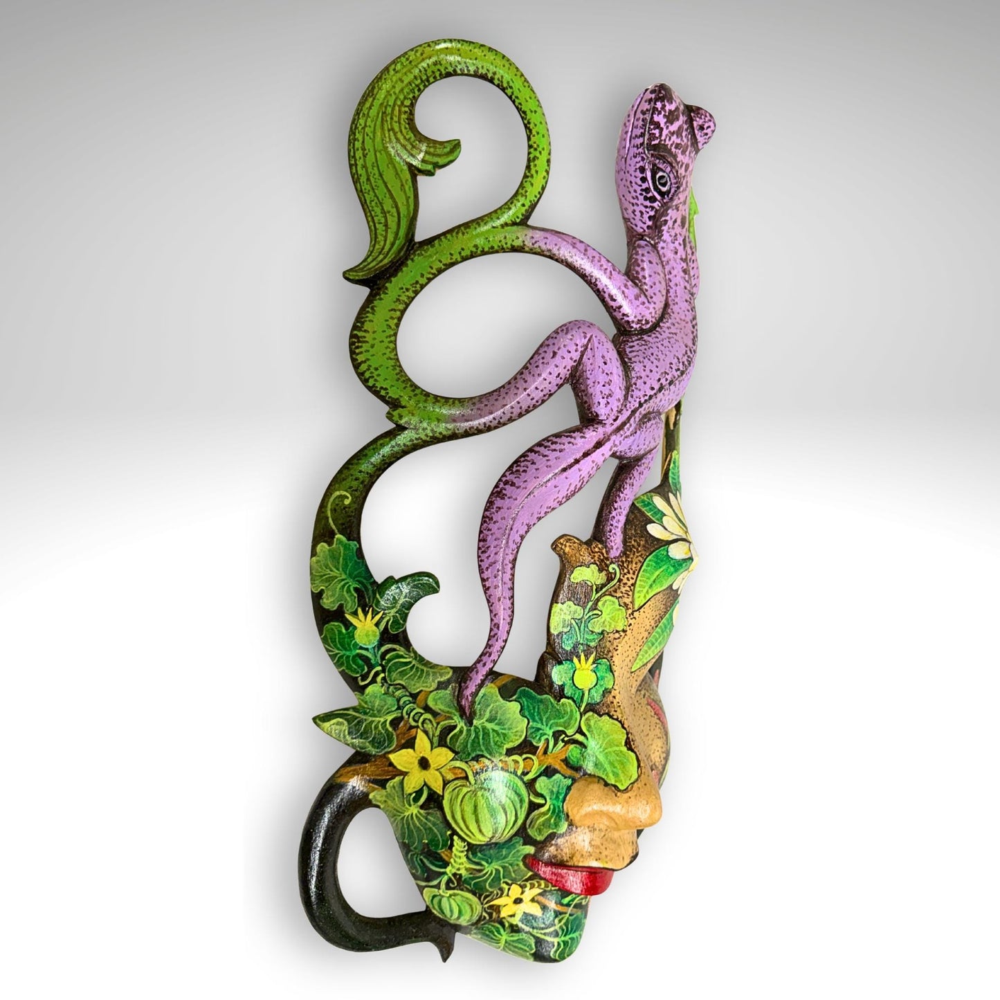 Balinese Carved Mask, Purple Gecko Goddess, Hand Painted Wood Carving Bali Wall Decor Art
