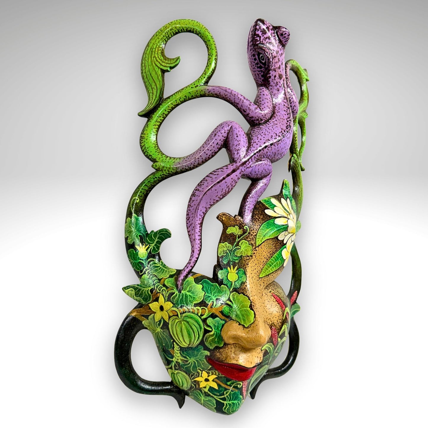 Balinese Carved Mask, Purple Gecko Goddess, Hand Painted Wood Carving Bali Wall Decor Art