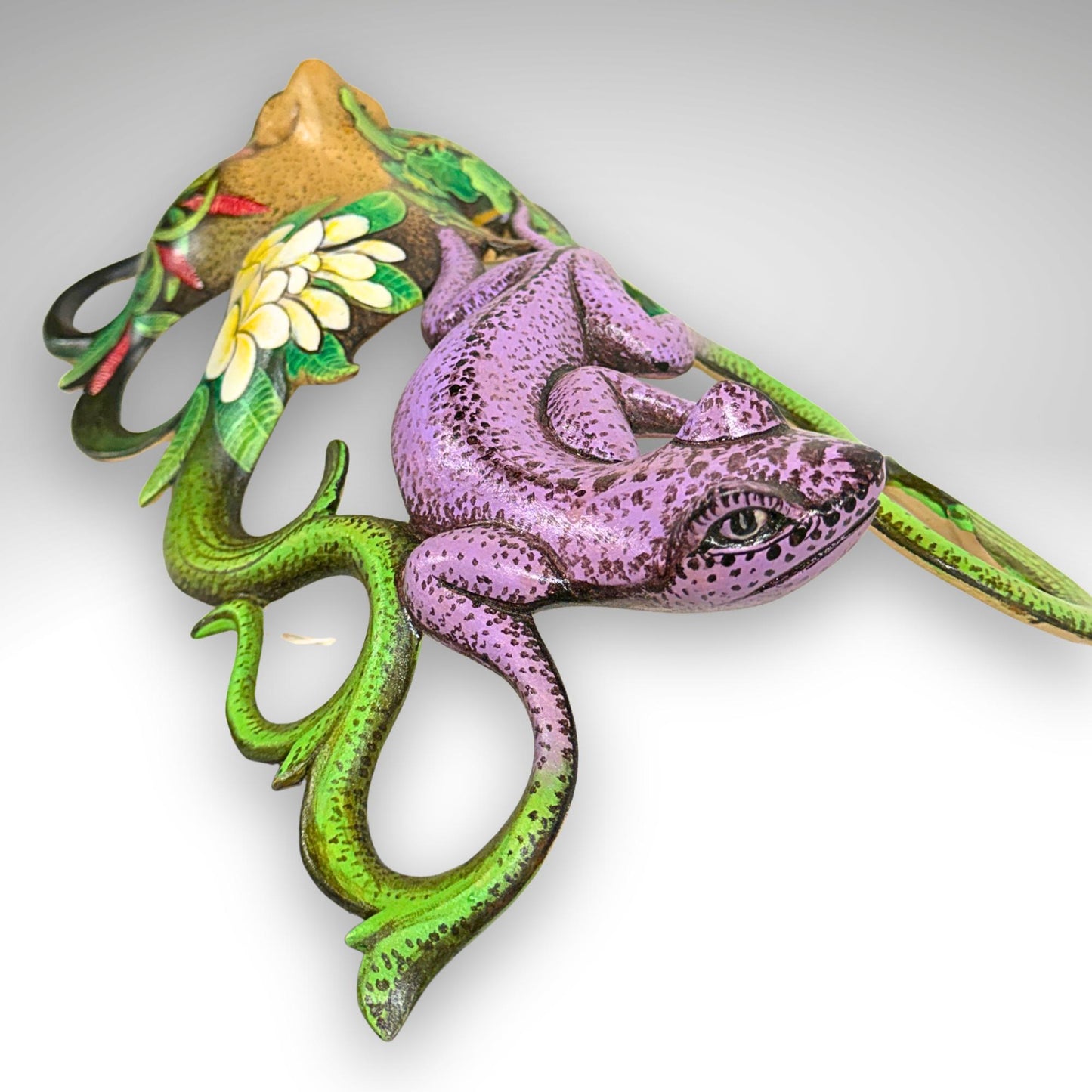 Balinese Carved Mask, Purple Gecko Goddess, Hand Painted Wood Carving Bali Wall Decor Art