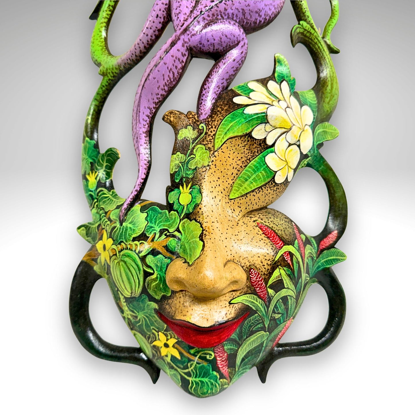 Balinese Carved Mask, Purple Gecko Goddess, Hand Painted Wood Carving Bali Wall Decor Art