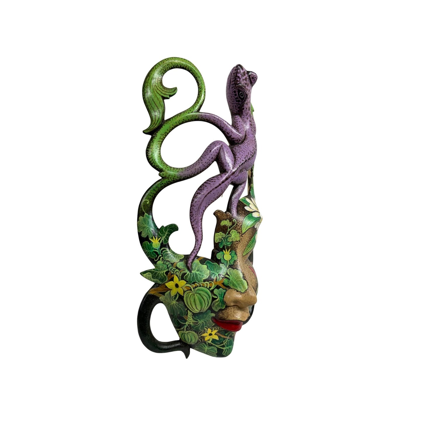 Balinese Carved Mask, Purple Gecko Goddess, Hand Painted Wood Carving Bali Wall Decor Art