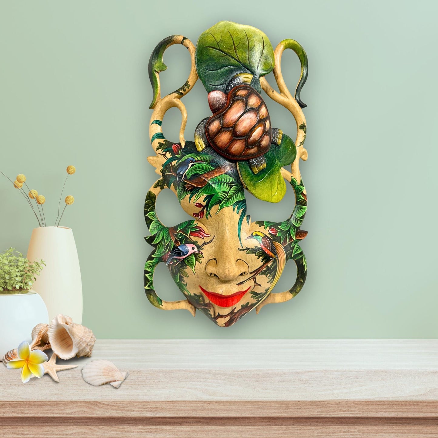 Balinese Abstract Carved Dream Mask, Hand Painted Sea Turtle,  Wall Art, Home Decor