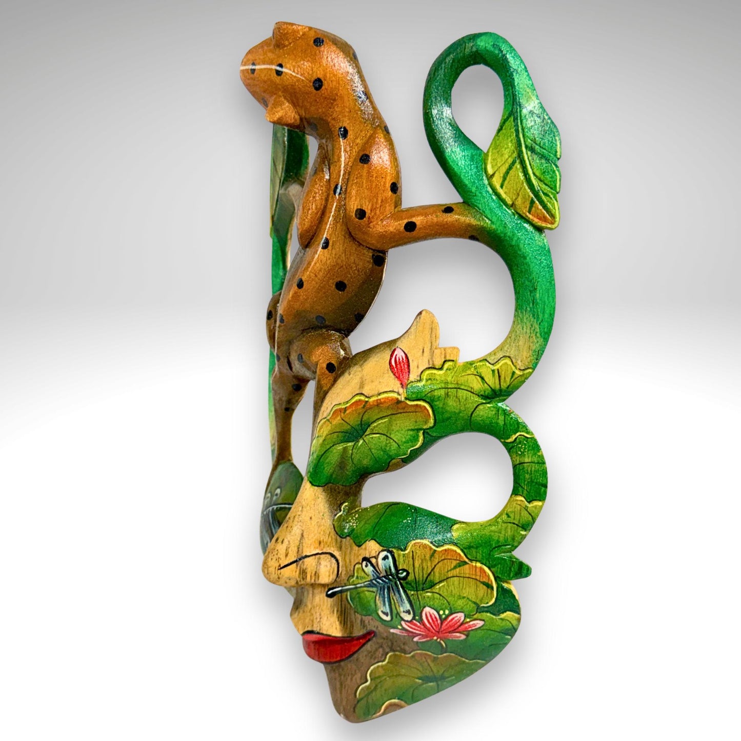 Carved Balinese Mask Leopard Gecko Dragonfly, Hand Painted Bali Art, Wood Carving
