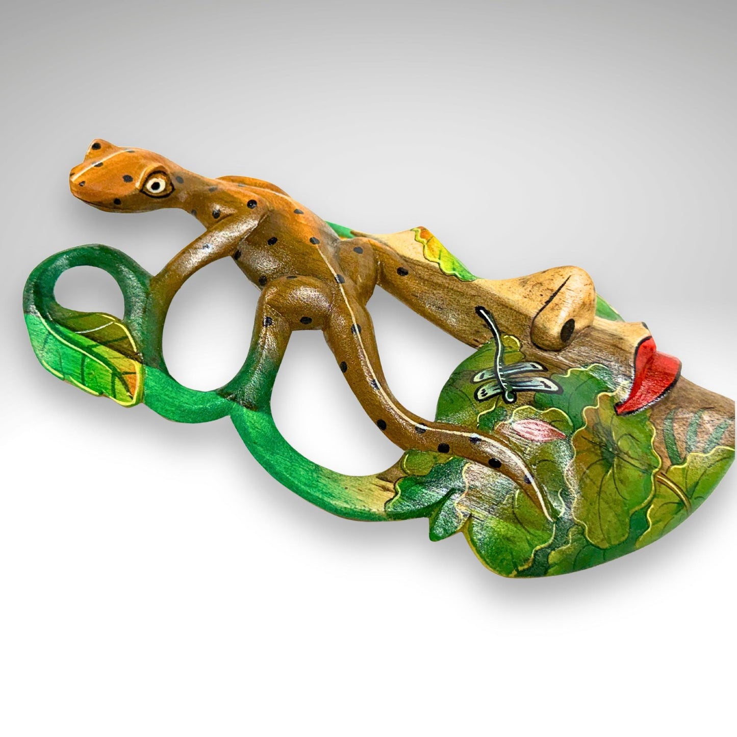 Carved Balinese Mask Leopard Gecko Dragonfly, Hand Painted Bali Art, Wood Carving