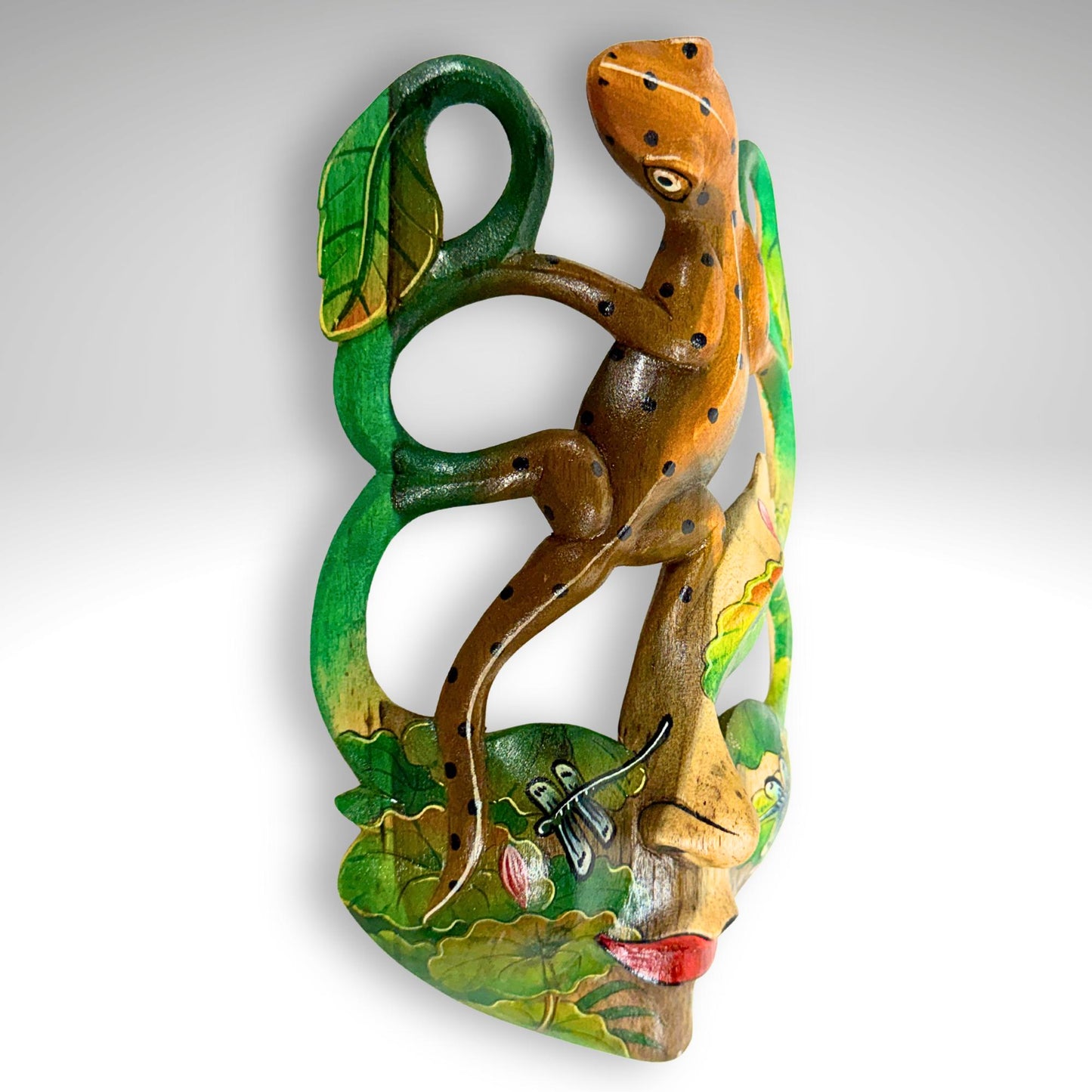 Carved Balinese Mask Leopard Gecko Dragonfly, Hand Painted Bali Art, Wood Carving
