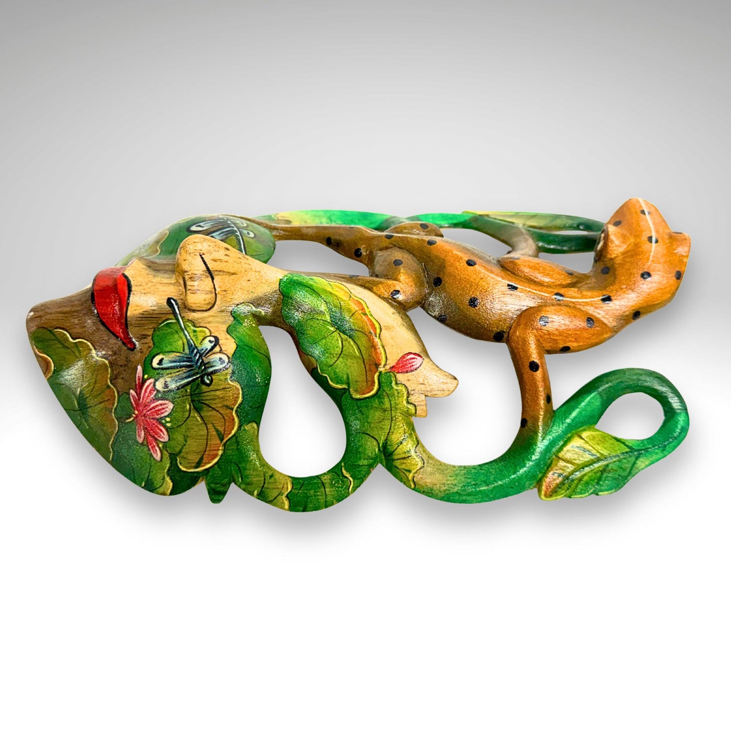 Carved Balinese Mask Leopard Gecko Dragonfly, Hand Painted Bali Art, Wood Carving