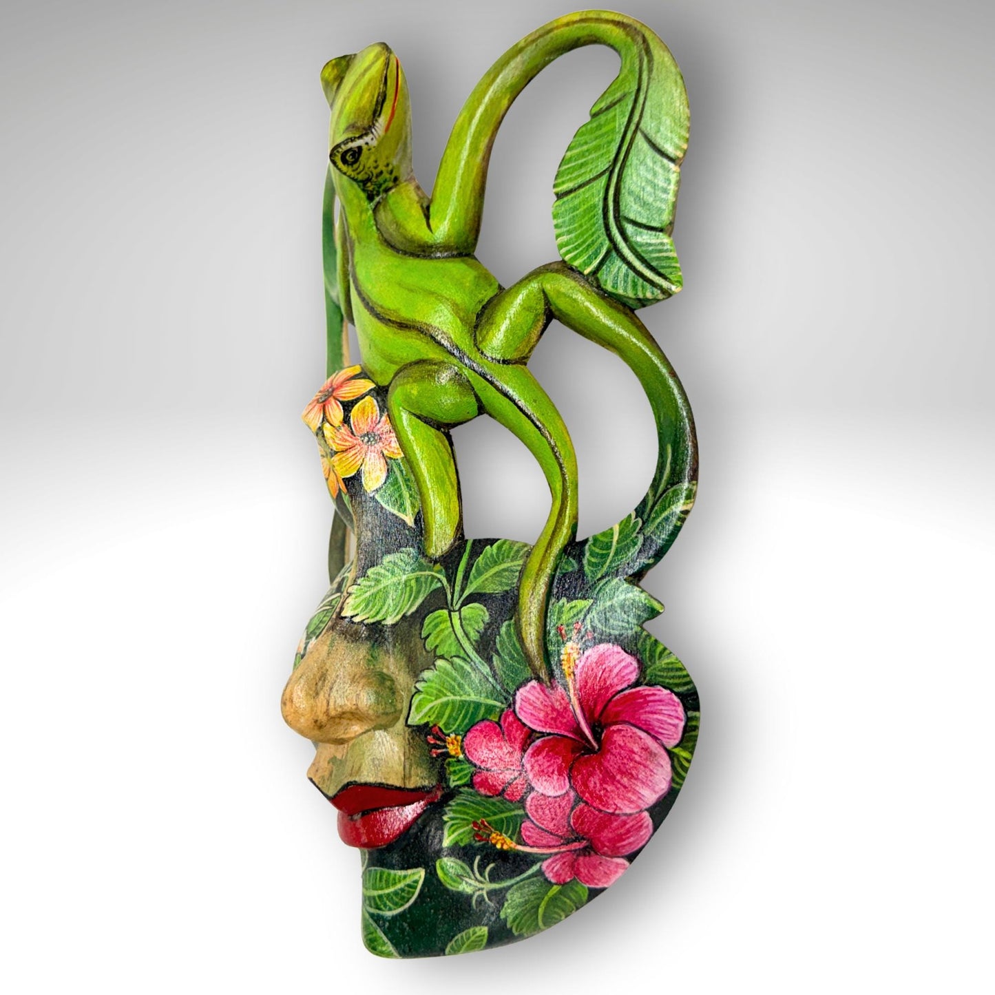 Carved Balinese Mask Leopard Gecko Dragonfly, Hand Painted Bali Art, Wood Carving