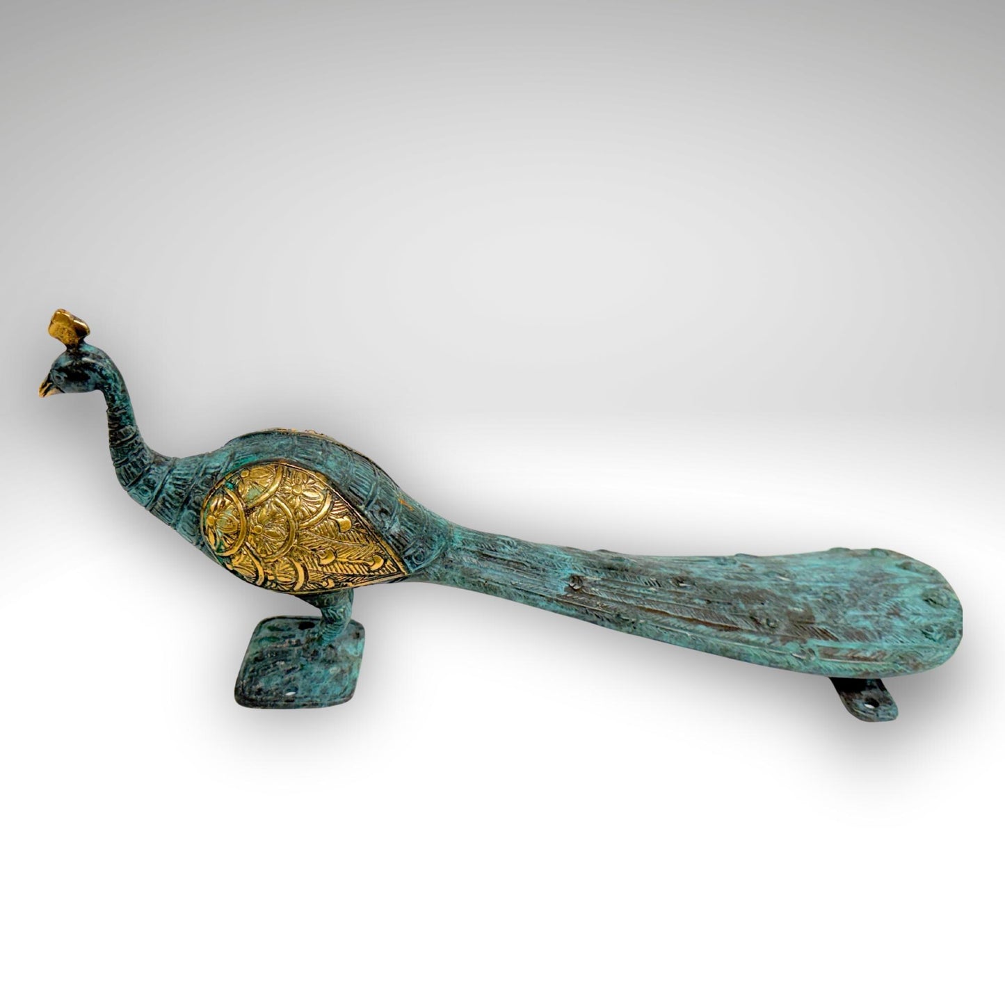 Balinese Peacock Door Handle: Solid Bronze Verdigris Patina, Eclectic Bali Decor