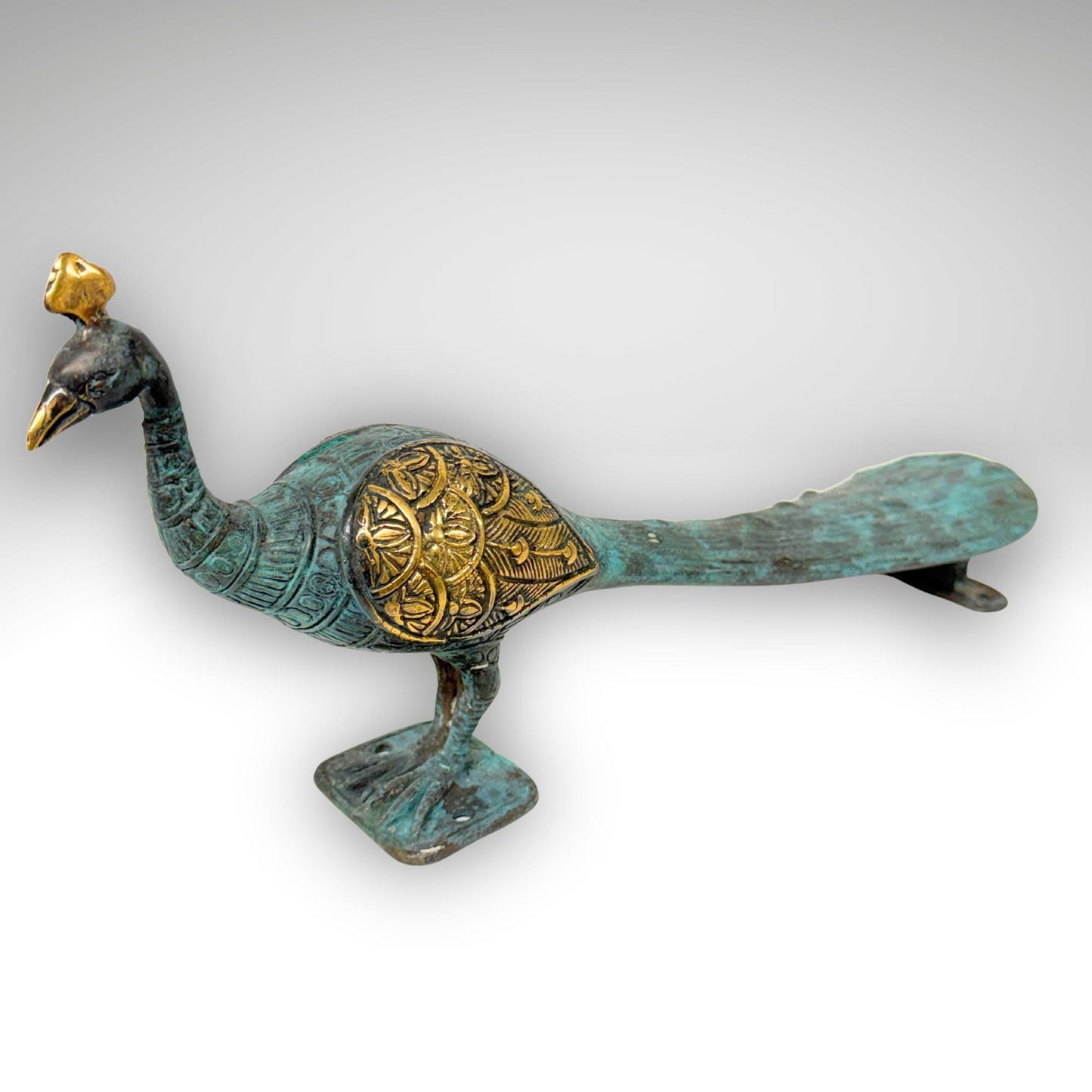 Balinese Peacock Door Handle: Solid Bronze Verdigris Patina, Eclectic Bali Decor